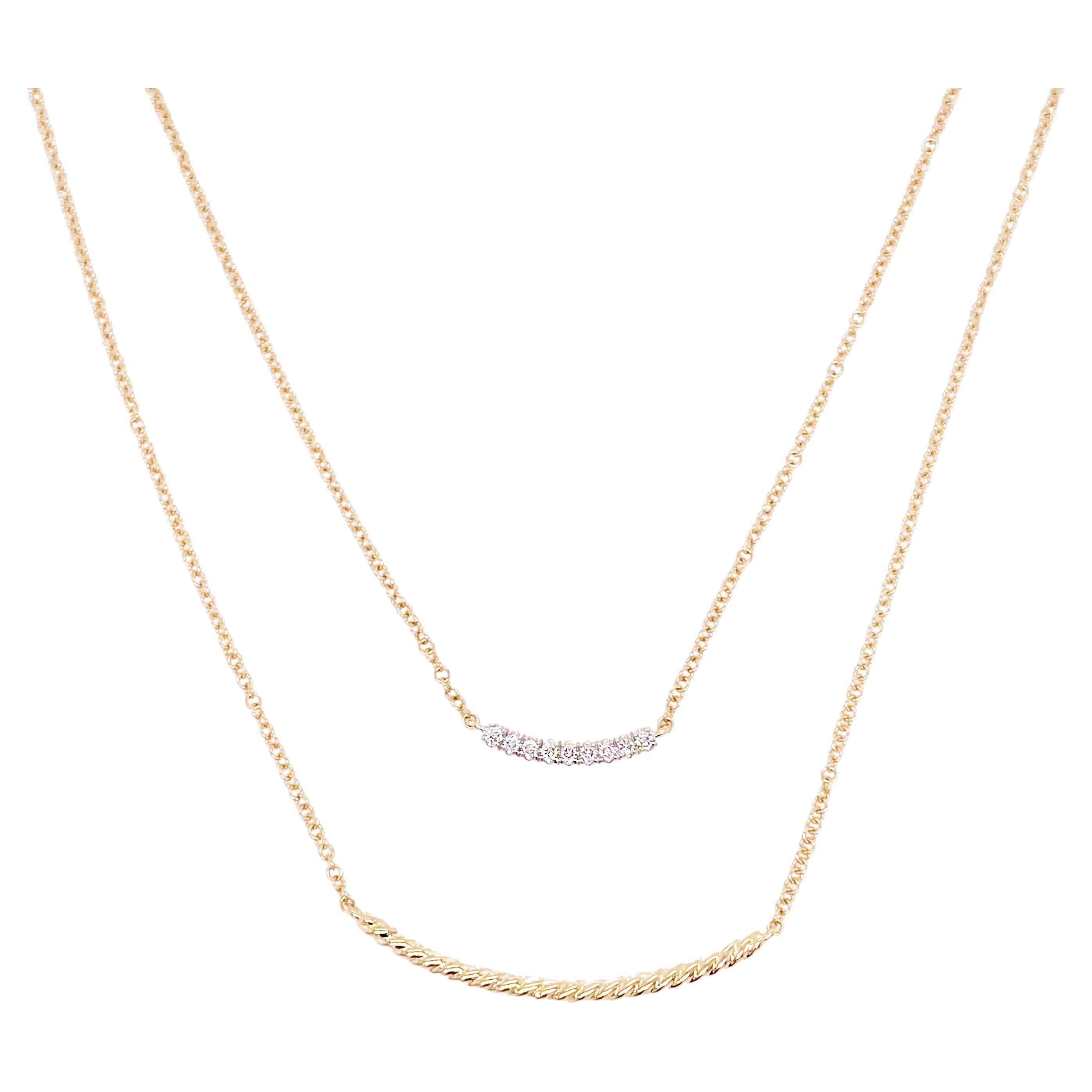 Diamond Bar Necklace, Two Strand Layered Twisted Pendant Necklace, Yellow Gold