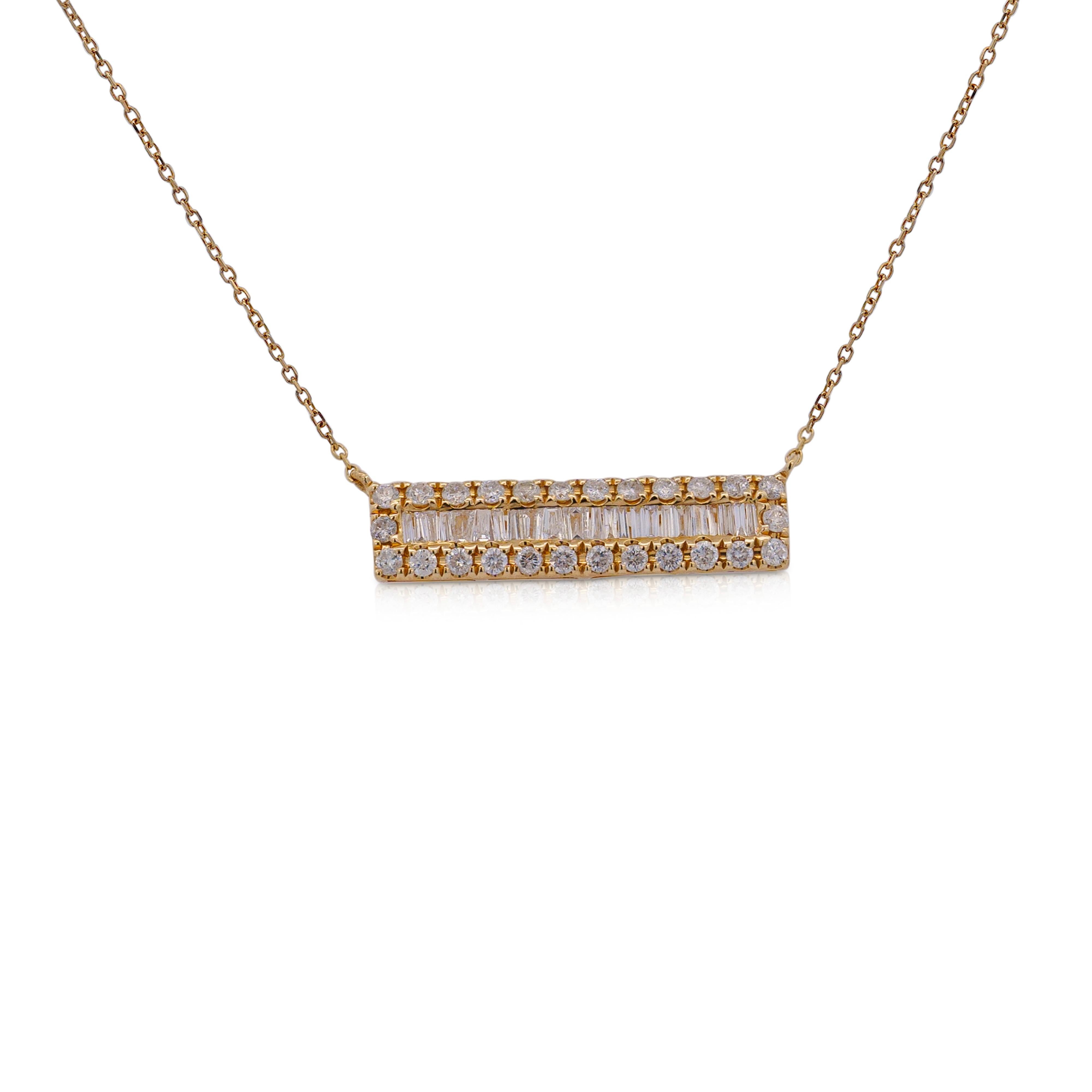 Collier bar en or jaune massif 14K, Whiting 0,75 carats de poids total de diamants blancs naturels étincelants. 27 diamants de taille baguette et 26 diamants ronds supplémentaires, sertis en grappe illusion qui offrent l'optique de pierres centrales