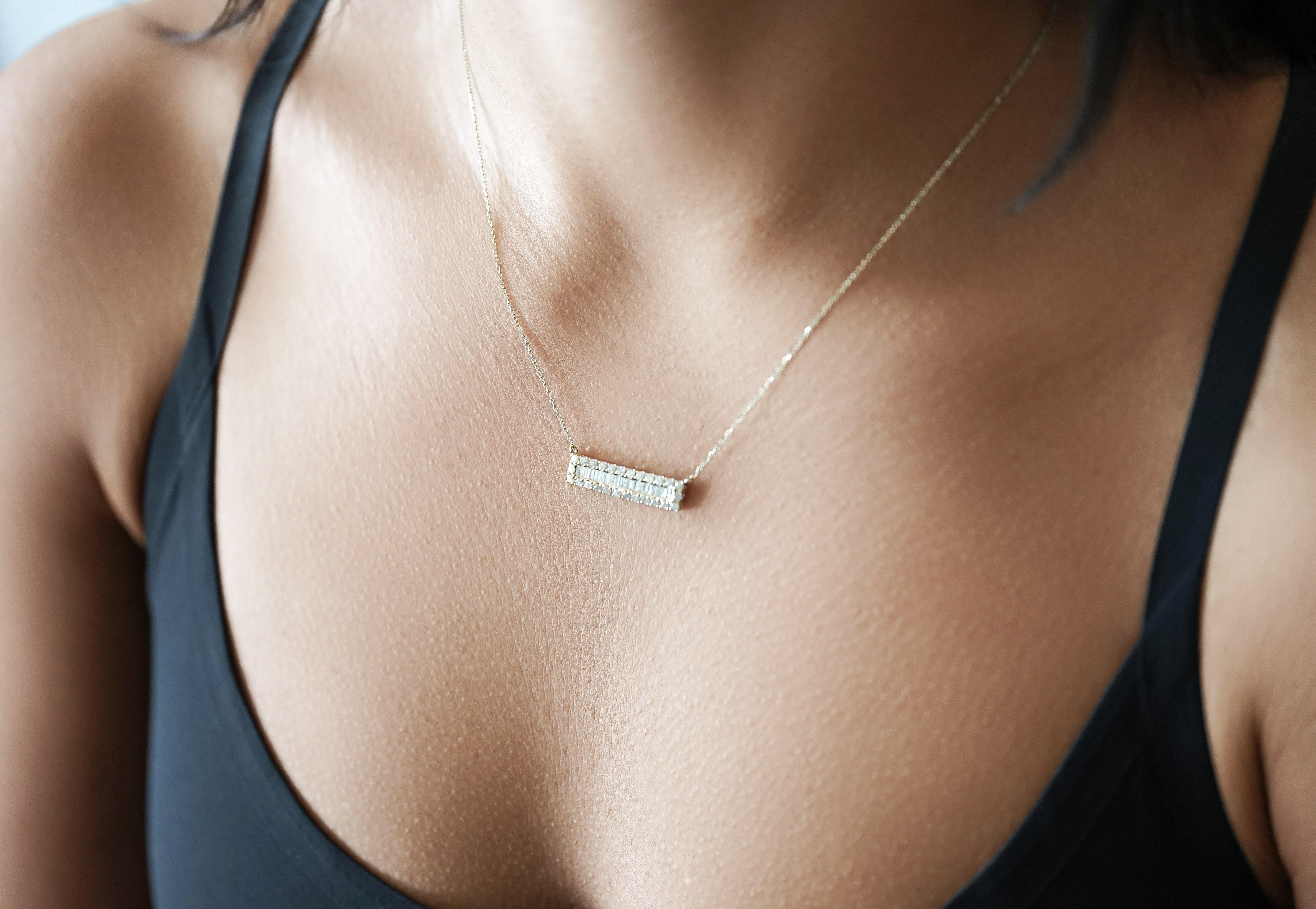 Chaîne collier câble en or jaune 14 carats avec barre de diamants 0,75 carat en vente 1