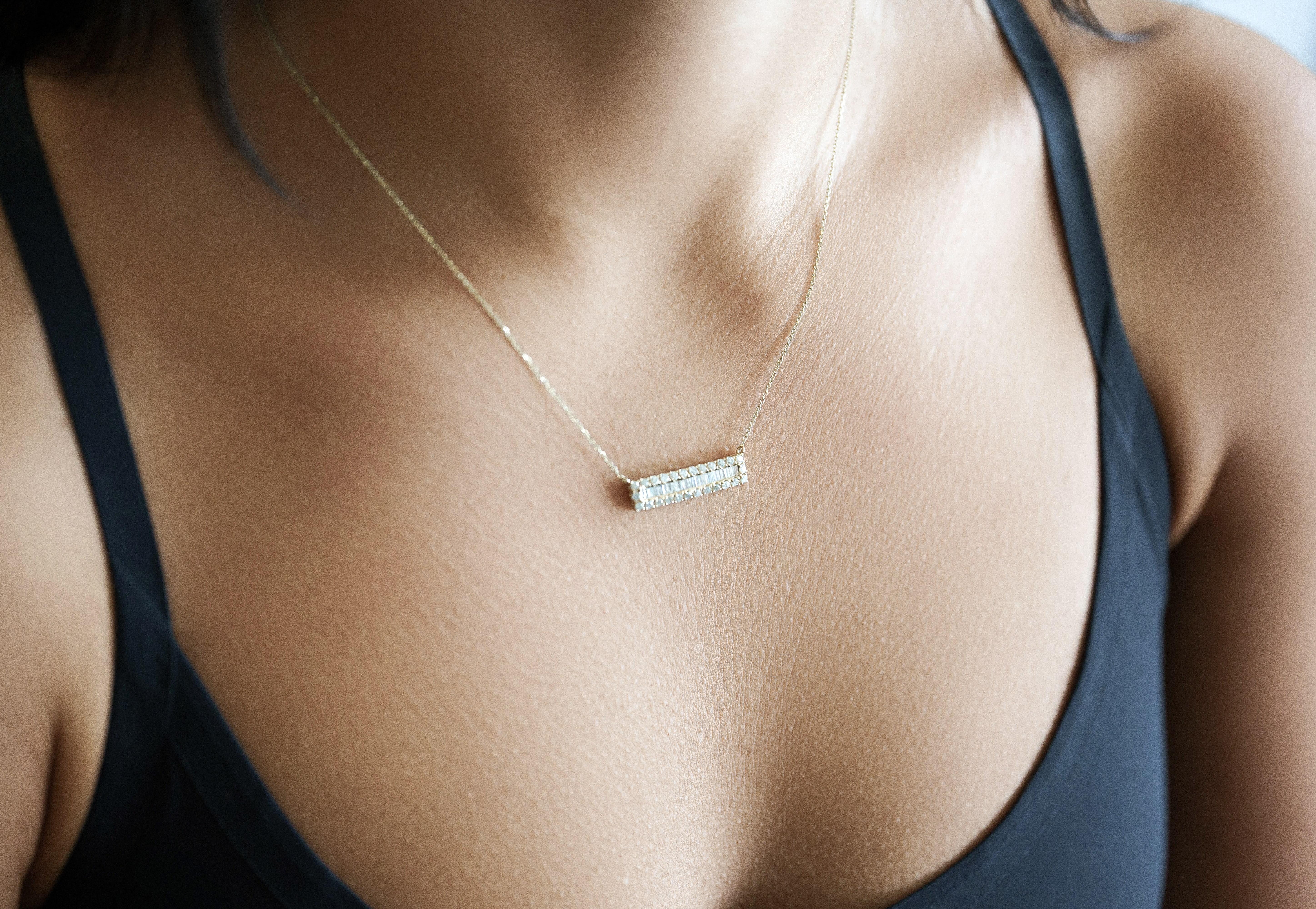 Chaîne collier câble en or jaune 14 carats avec barre de diamants 0,75 carat en vente 2