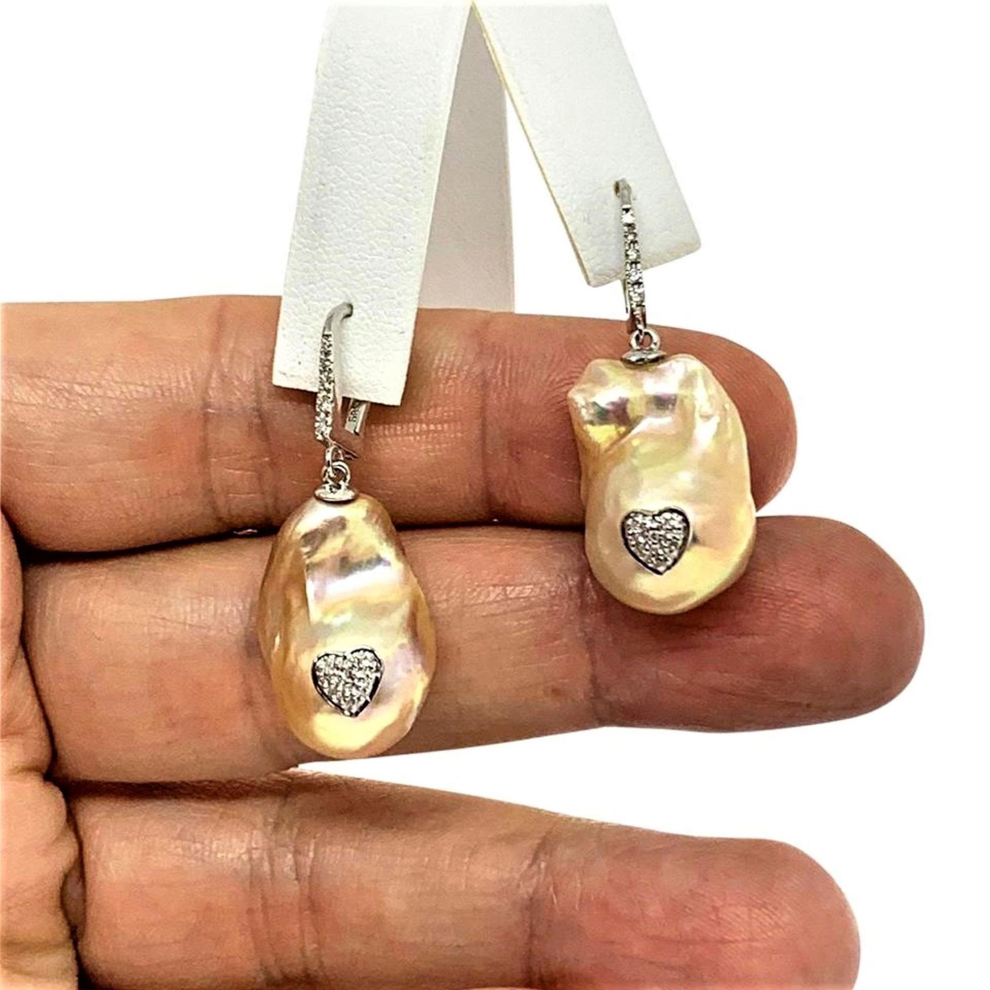 Modern Diamond Baroque Fresh Water Yellow Pearl Earrings 14k Gold Certified For Sale
