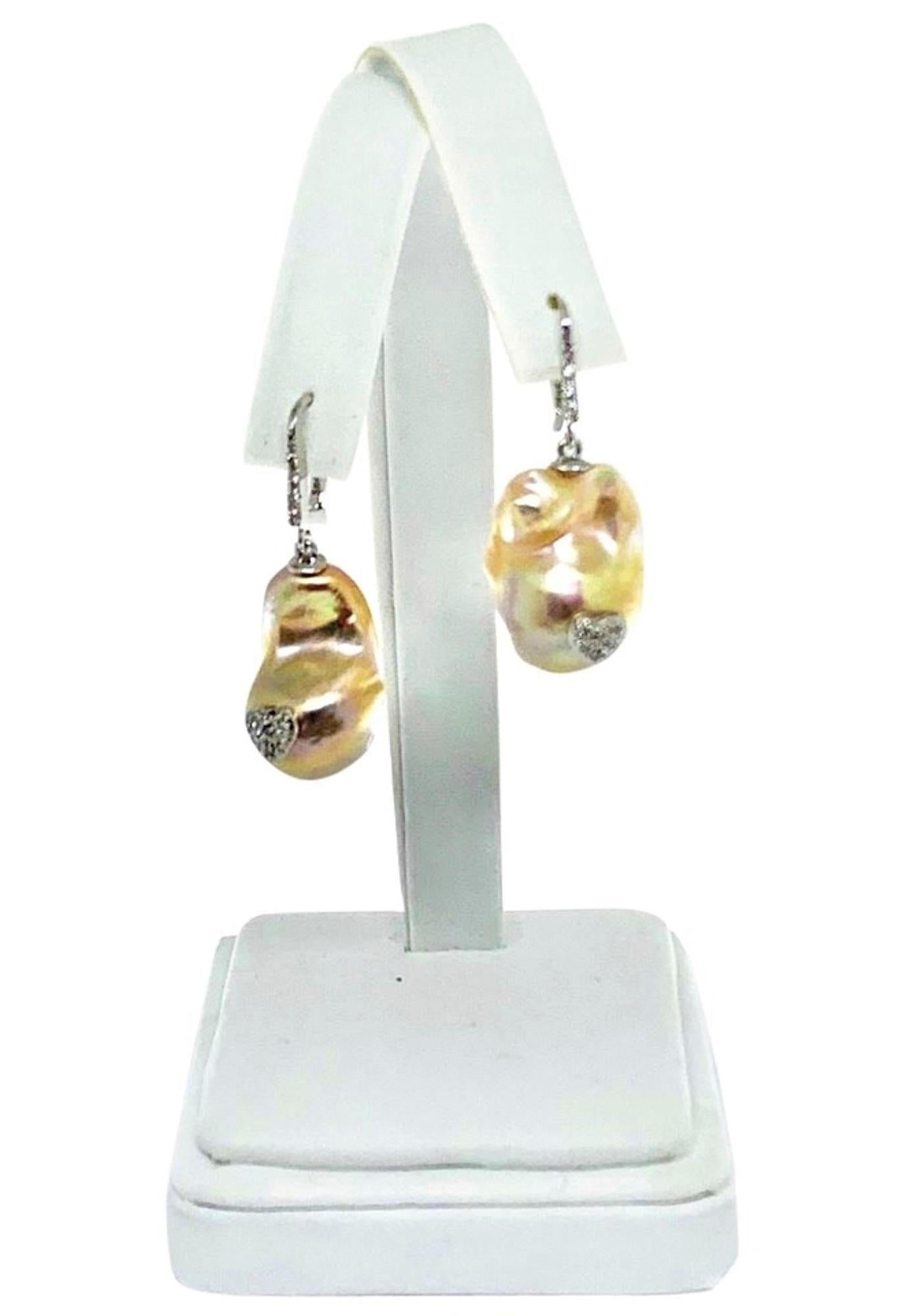 Round Cut Diamond Baroque Fresh Water Yellow Pearl Earrings 14k Gold Certified For Sale