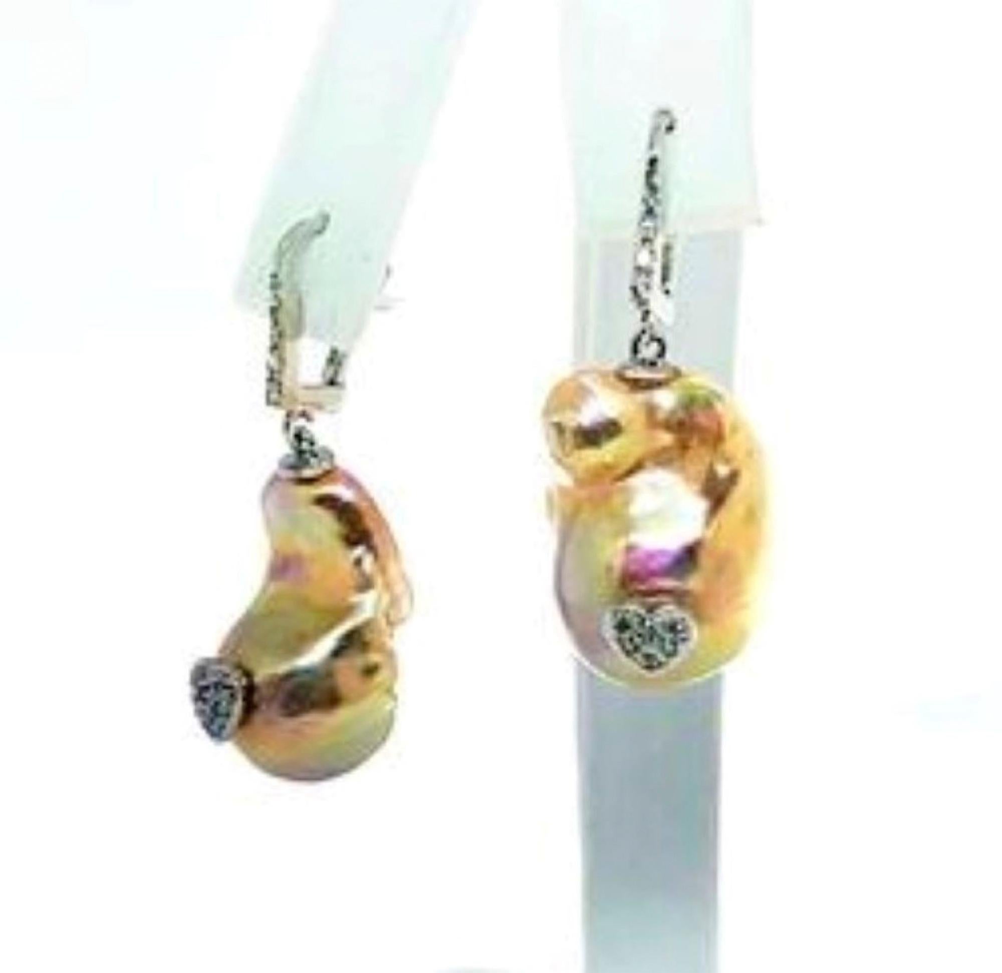 Diamond Baroque Fresh Water Yellow Pearl Earrings 14k Gold Certified In New Condition For Sale In Brooklyn, NY
