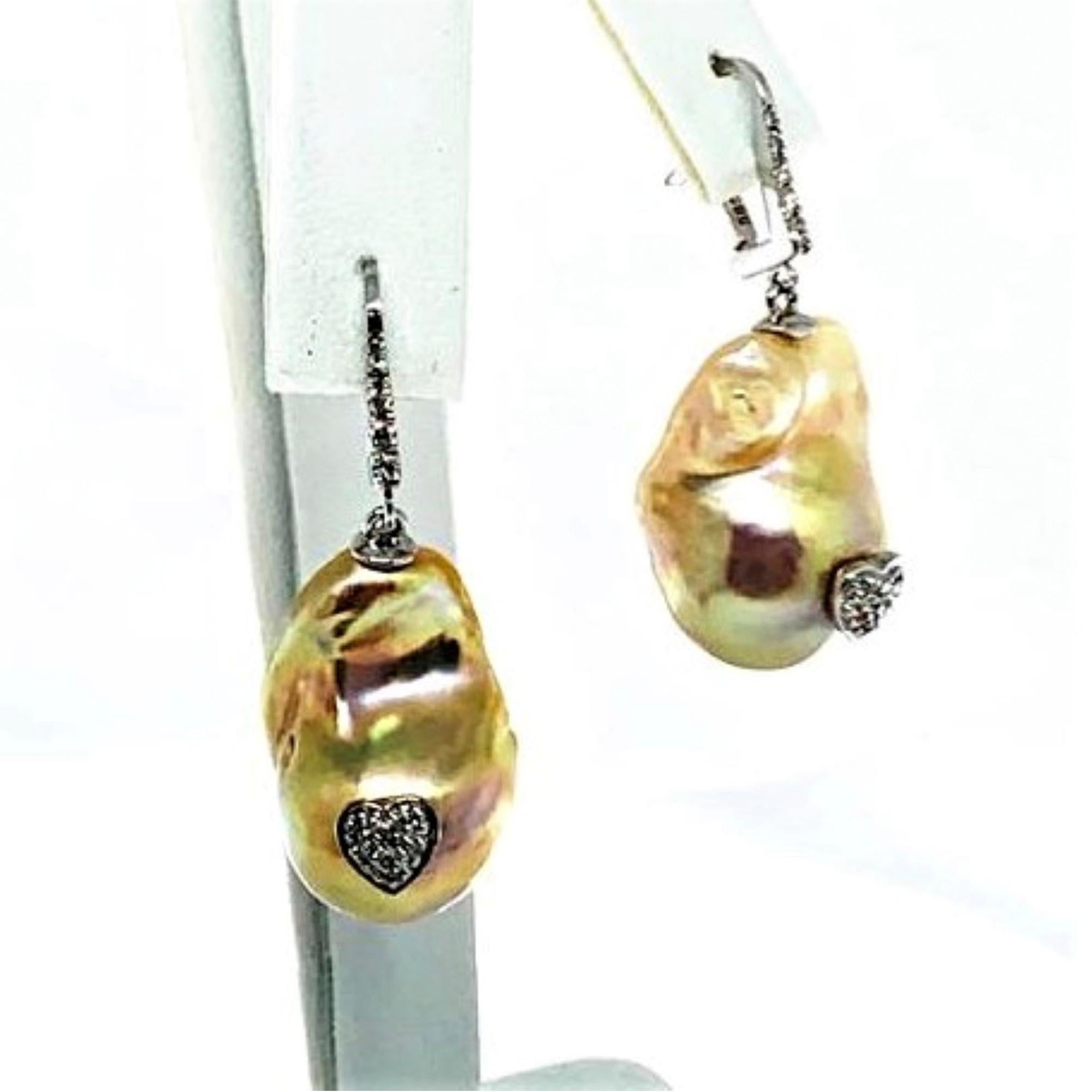 Women's Diamond Baroque Fresh Water Yellow Pearl Earrings 14k Gold Certified For Sale