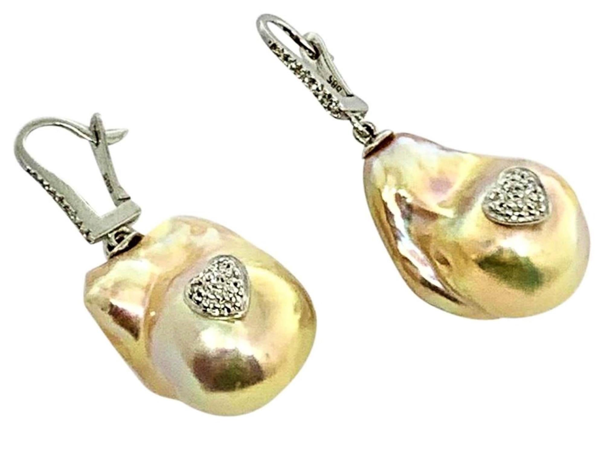 Diamond Baroque Fresh Water Yellow Pearl Earrings 14k Gold Certified For Sale 1