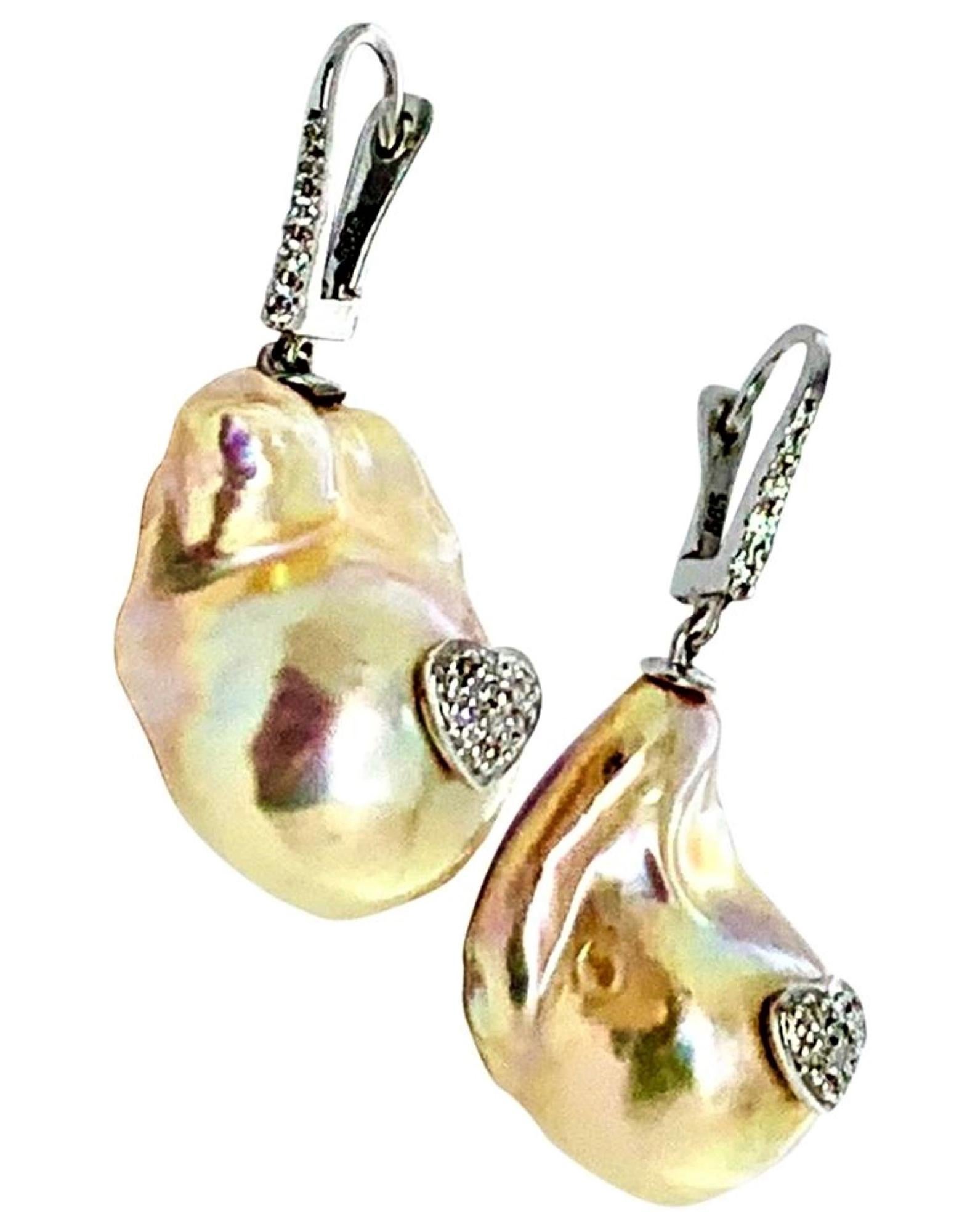 Diamond Baroque Fresh Water Yellow Pearl Earrings 14k Gold Certified For Sale 2