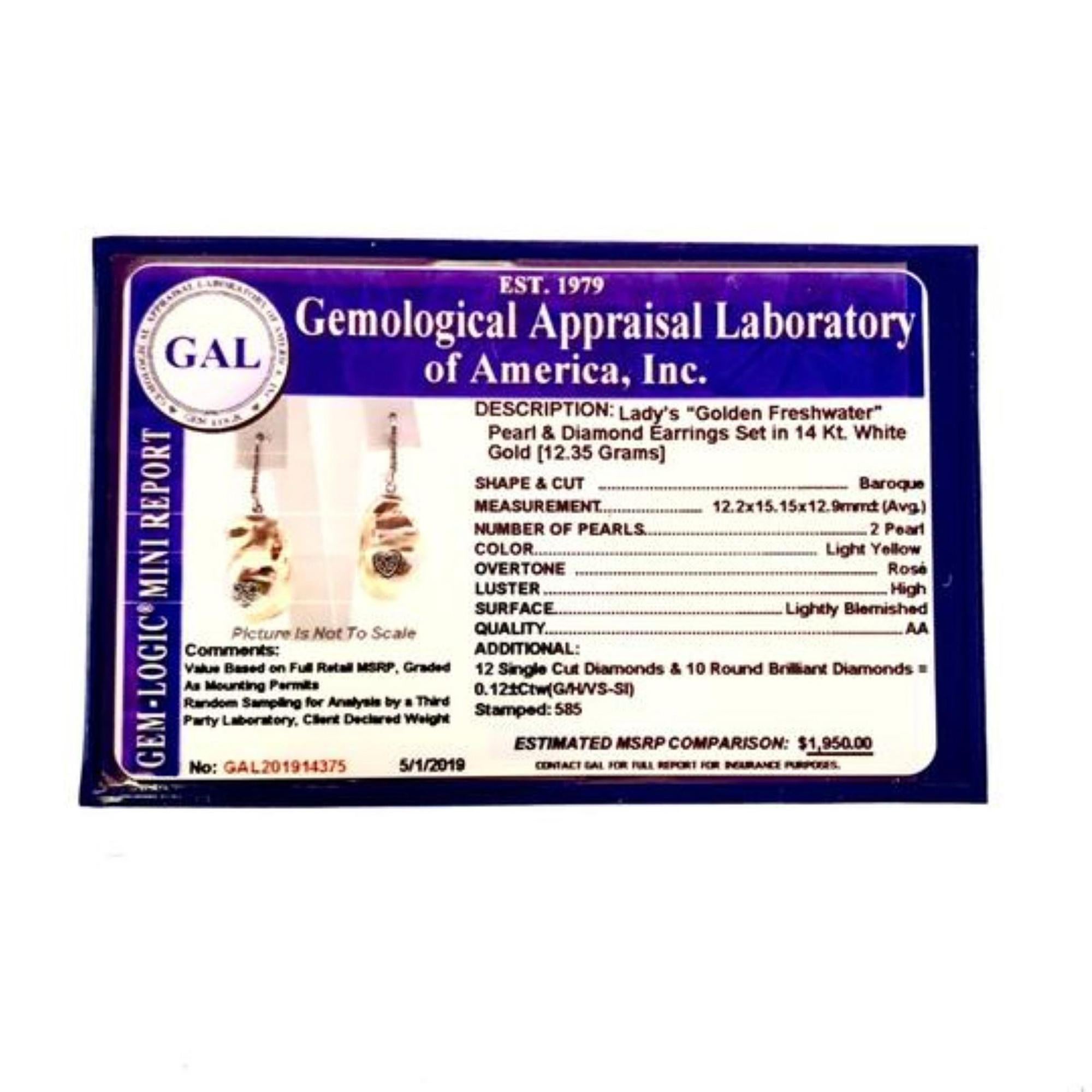 Diamond Baroque Fresh Water Yellow Pearl Earrings 14k Gold Certified For Sale 3