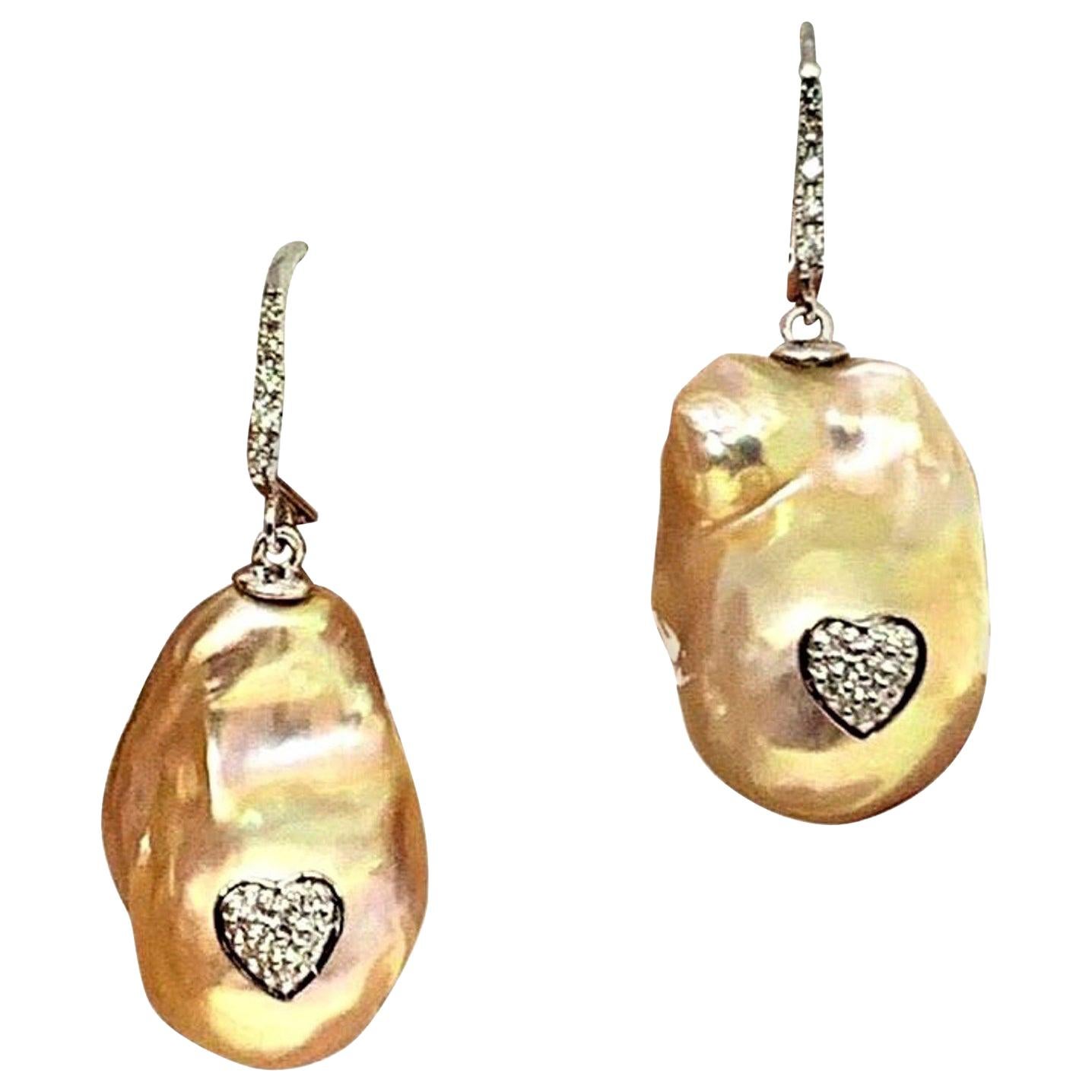 Diamond Baroque Fresh Water Yellow Pearl Earrings 14k Gold Certified