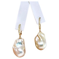 Diamond Baroque Fresh Water Yellow Pearl Earrings 14k Gold Certified