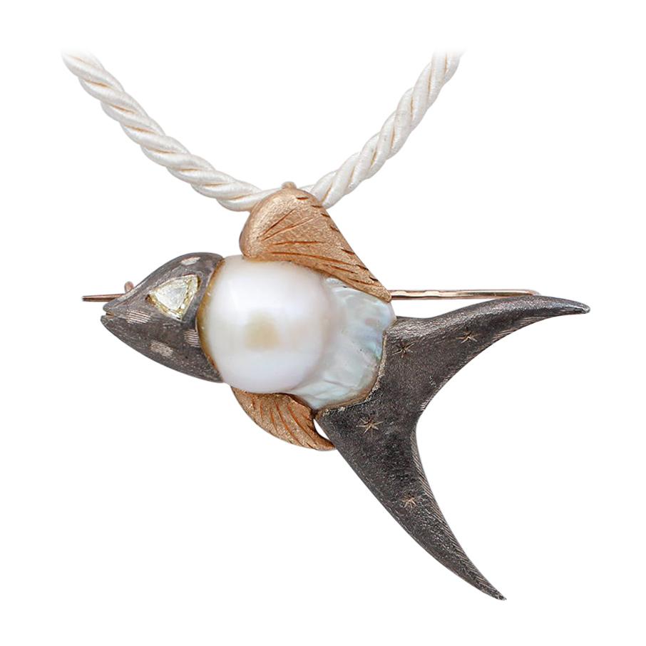 Diamond, Baroque Pearl 9 Karat Rose Gold and Silver Fish Brooch/Pendant Necklace