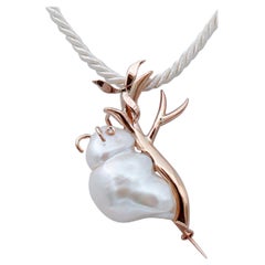 Diamond, Baroque Pearl, 9kt Rose Gold Caterpillar Shape Brooch/Pendant Necklace