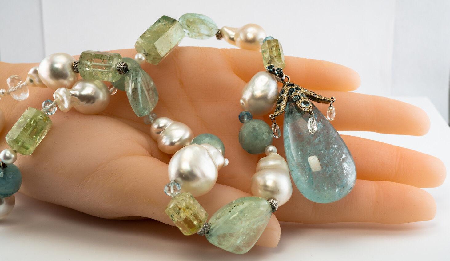 Diamond Baroque Pearl Aquamarine Necklace 14K Gold For Sale 2