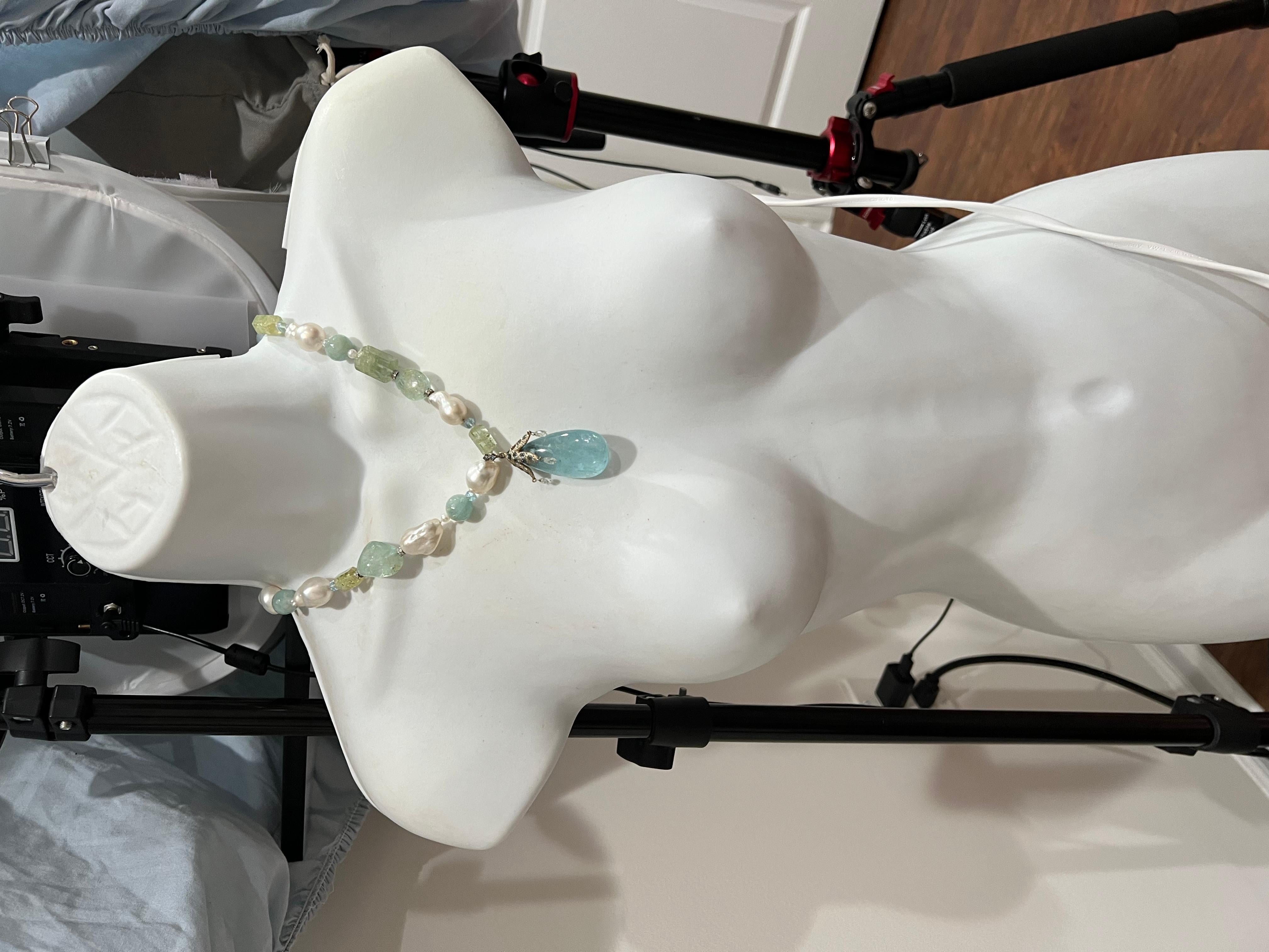 Diamond Baroque Pearl Aquamarine Necklace 14K Gold For Sale 3