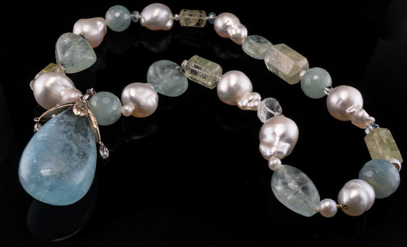 Taille cabochon Collier perle baroque aigue-marine diamantée or 14K en vente