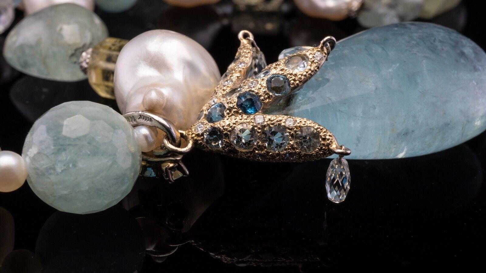 Collier perle baroque aigue-marine diamantée or 14K Pour femmes en vente