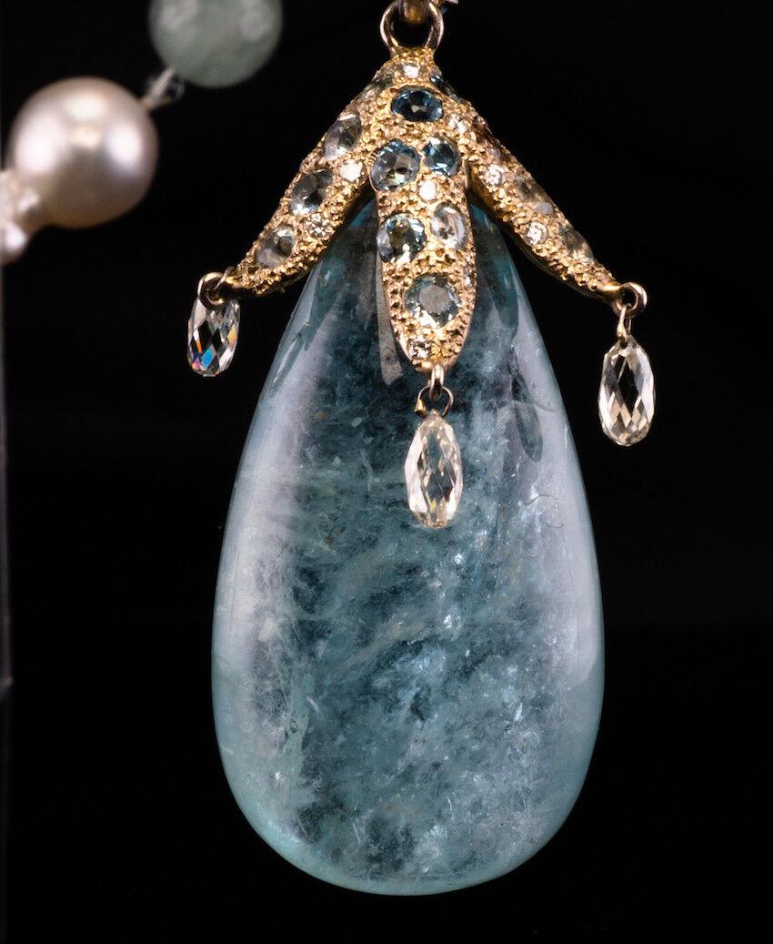 Cabochon Diamond Baroque Pearl Aquamarine Necklace 14K Gold For Sale