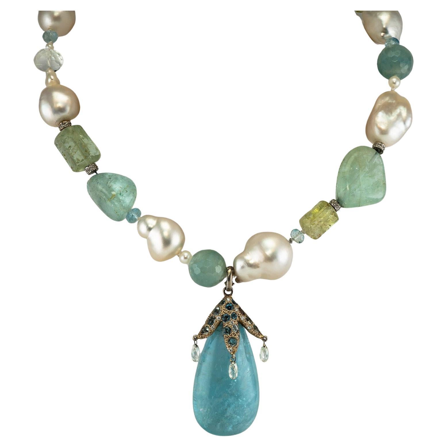 Diamond Baroque Pearl Aquamarine Necklace 14K Gold