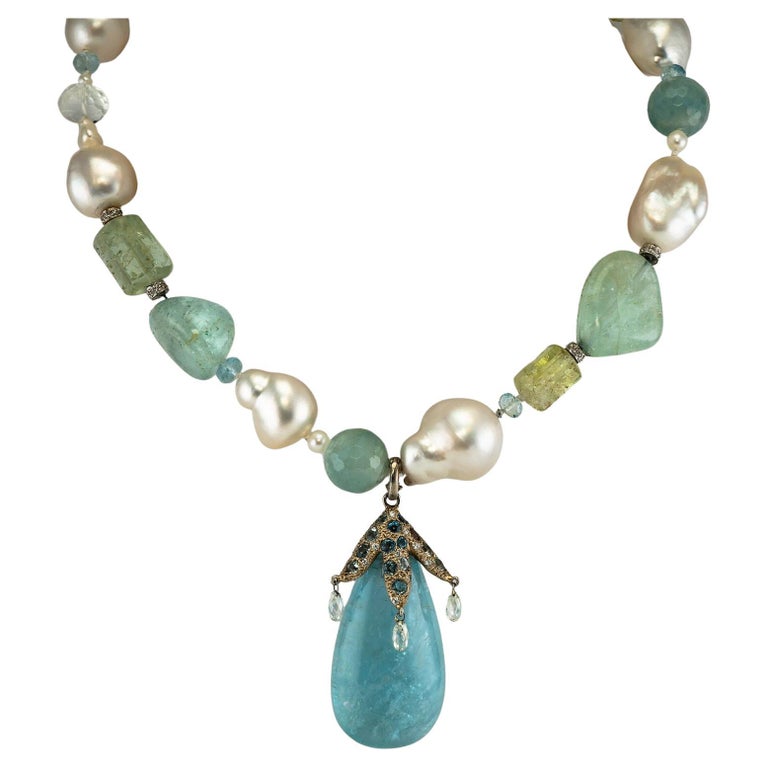Diamond Baroque Pearl Aquamarine Necklace 14K Gold For Sale at 1stDibs