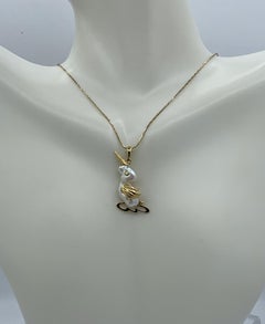 Diamond Baroque Pearl Bird Duck Pendant Charm Necklace 14 Karat Yellow Gold