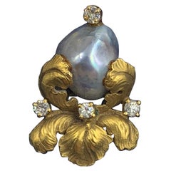 Diamond Baroque Pearl Iris Flower Pendant Necklace 14 Karat Gold