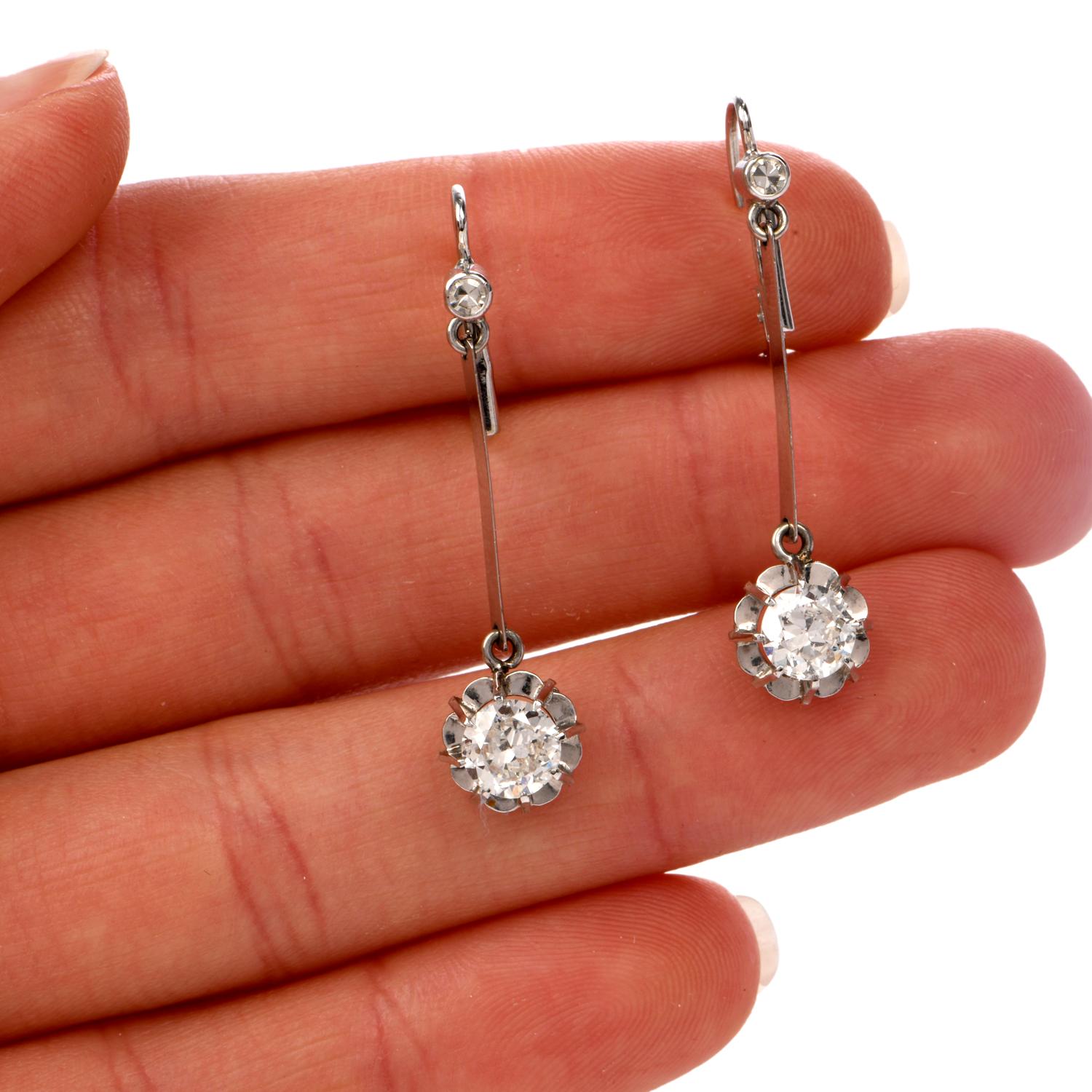 Diamond Basket Set Dangle Drop Platinum Earrings In Excellent Condition In Miami, FL