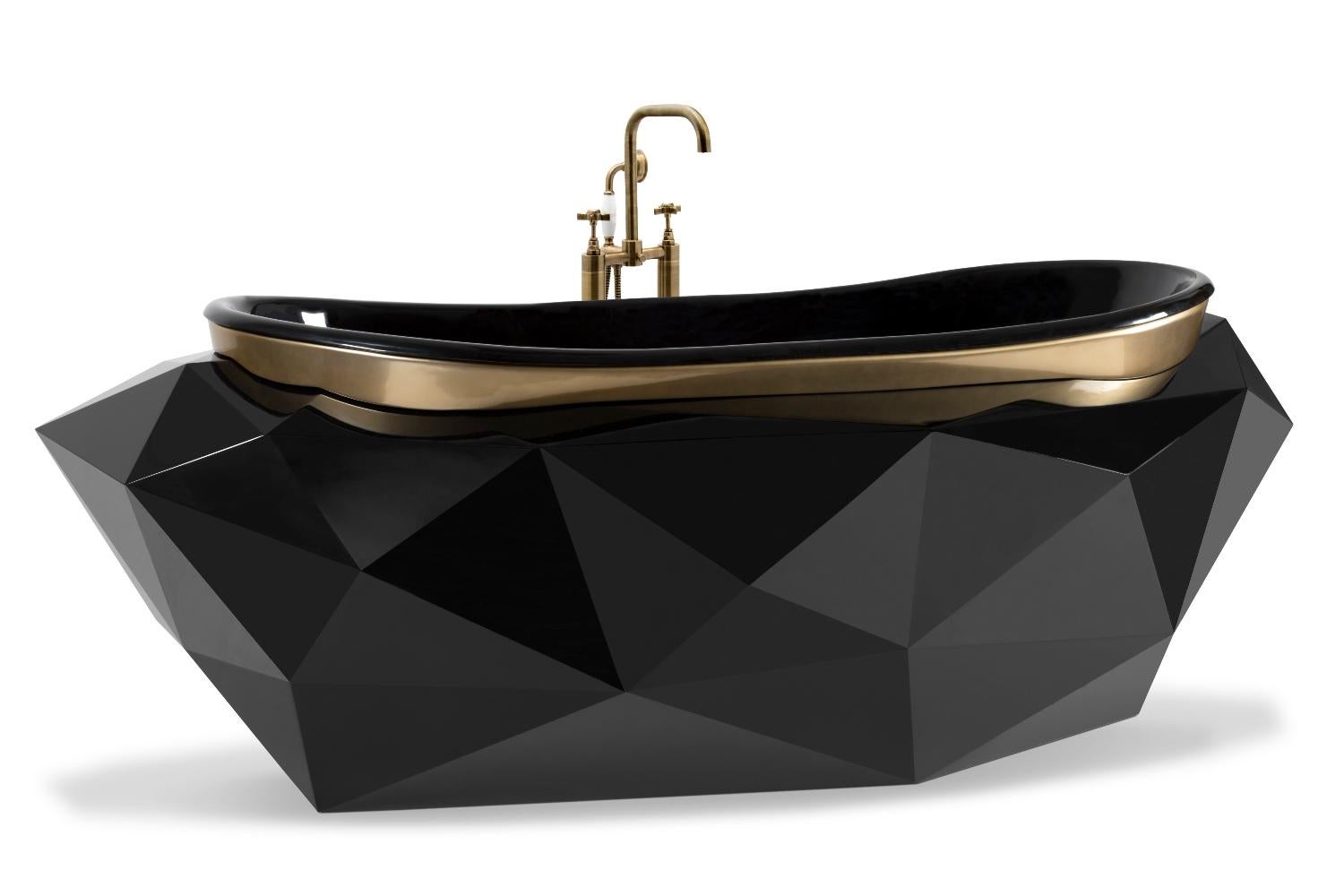 The Diamond Bathtub is wonderful. It features a wooden structure finished in a high gloss black varnish, a color that contrasts perfectly with the gold painted rim, covered in high gloss black varnish, providing the perfect item for a darker shade