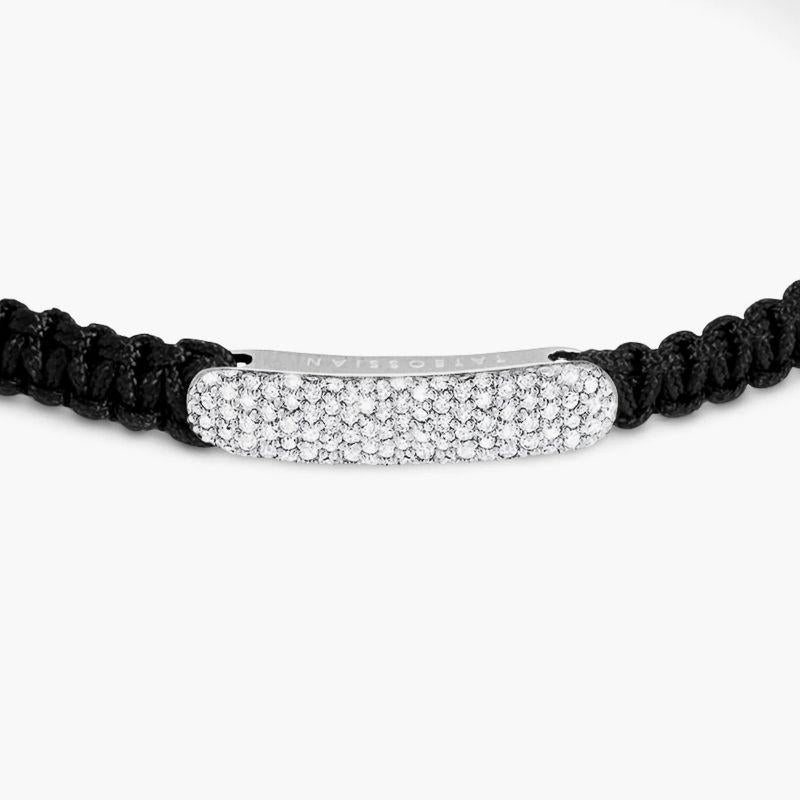 Single Cut Diamond Baton Bracelet in Black Macramé and Sterling Silver, Size S For Sale