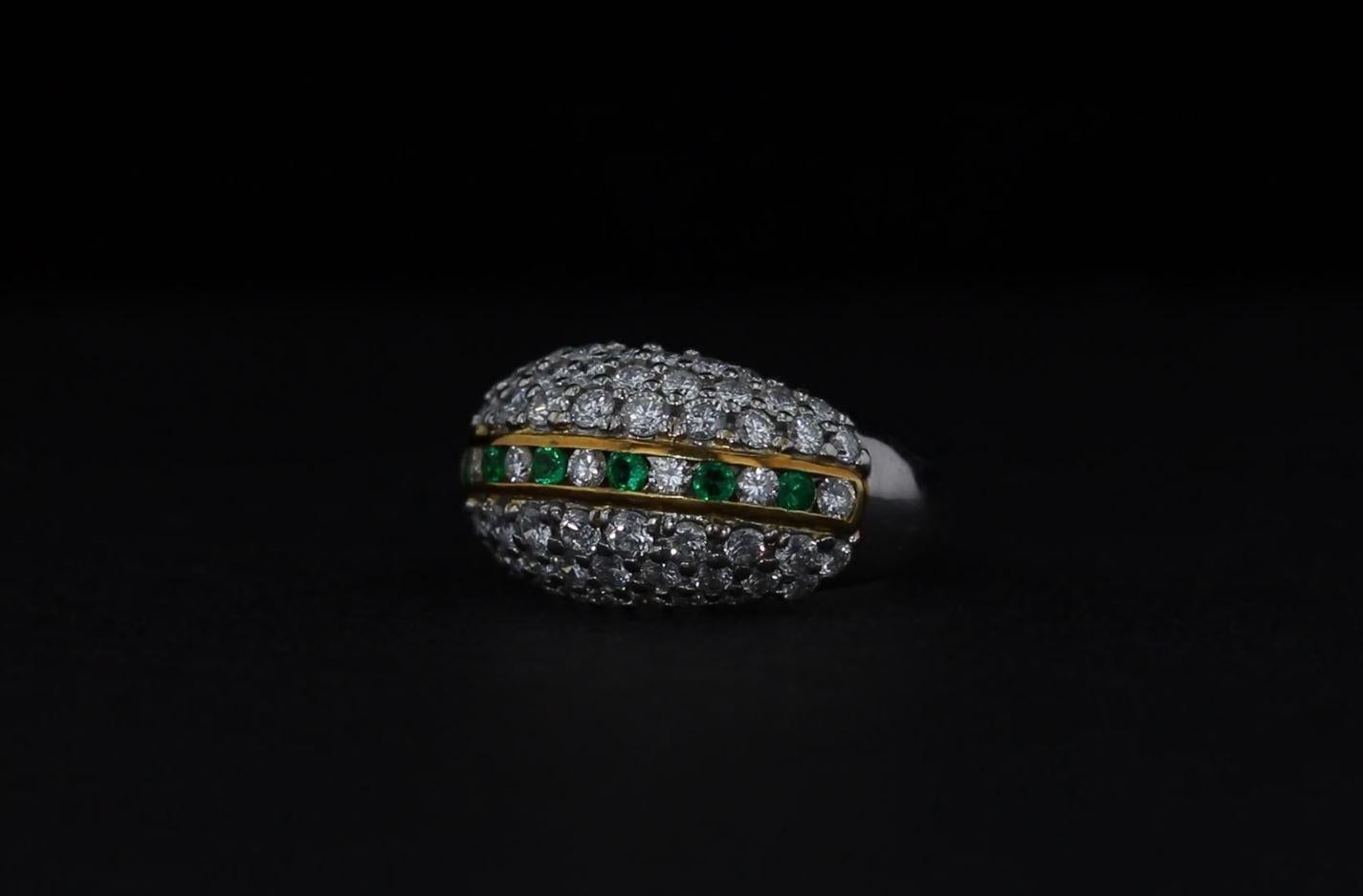 Round Cut Diamond Bauble Ring with Emerald Accents