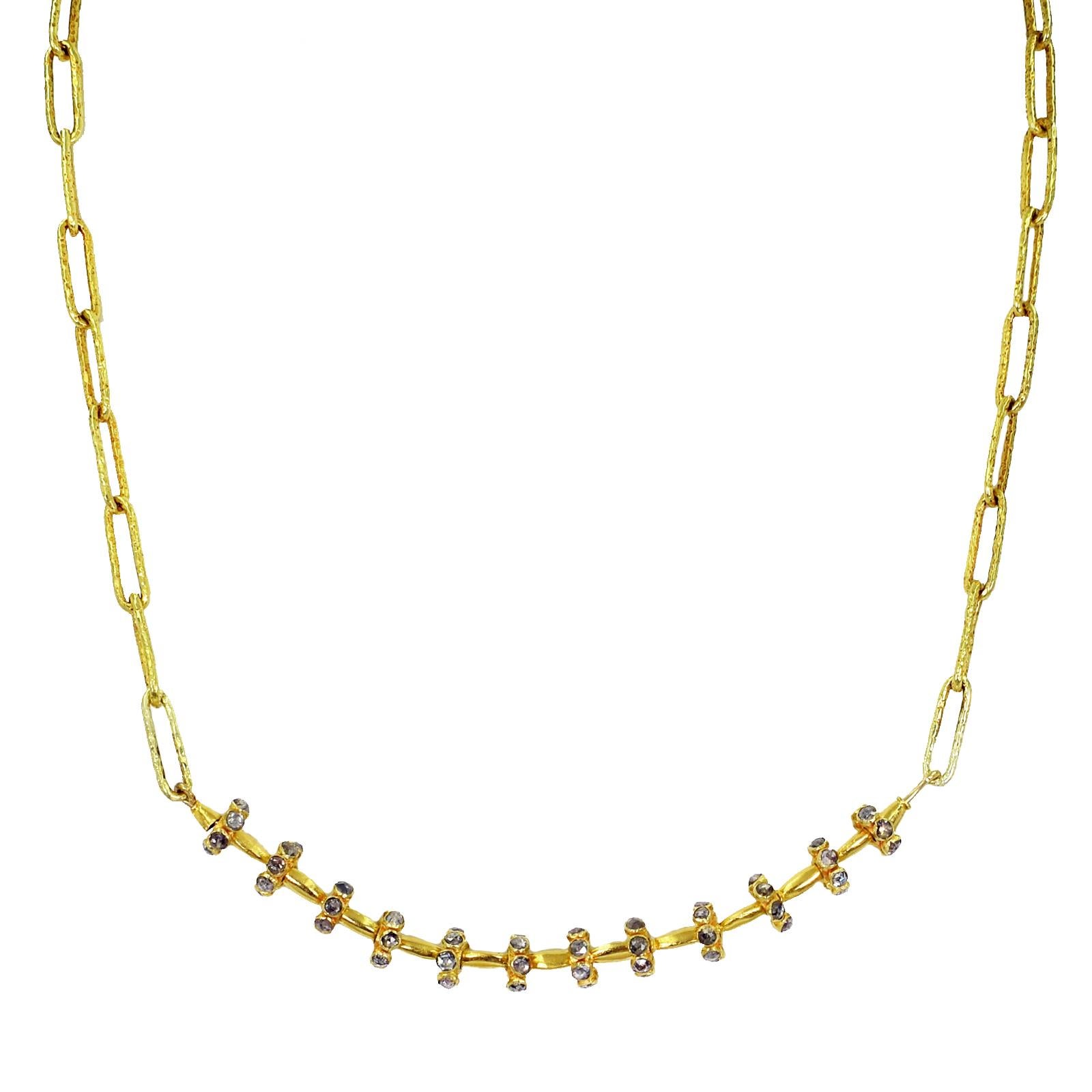 Handmade 22k yellow gold “paper clip” chain necklace featuring Diamond rondelle beads. Necklace is 16.5 inches in length, and finished with hammered hook closure. Rich, high-karat gold in this artisan, contemporary beaded chain necklace. 