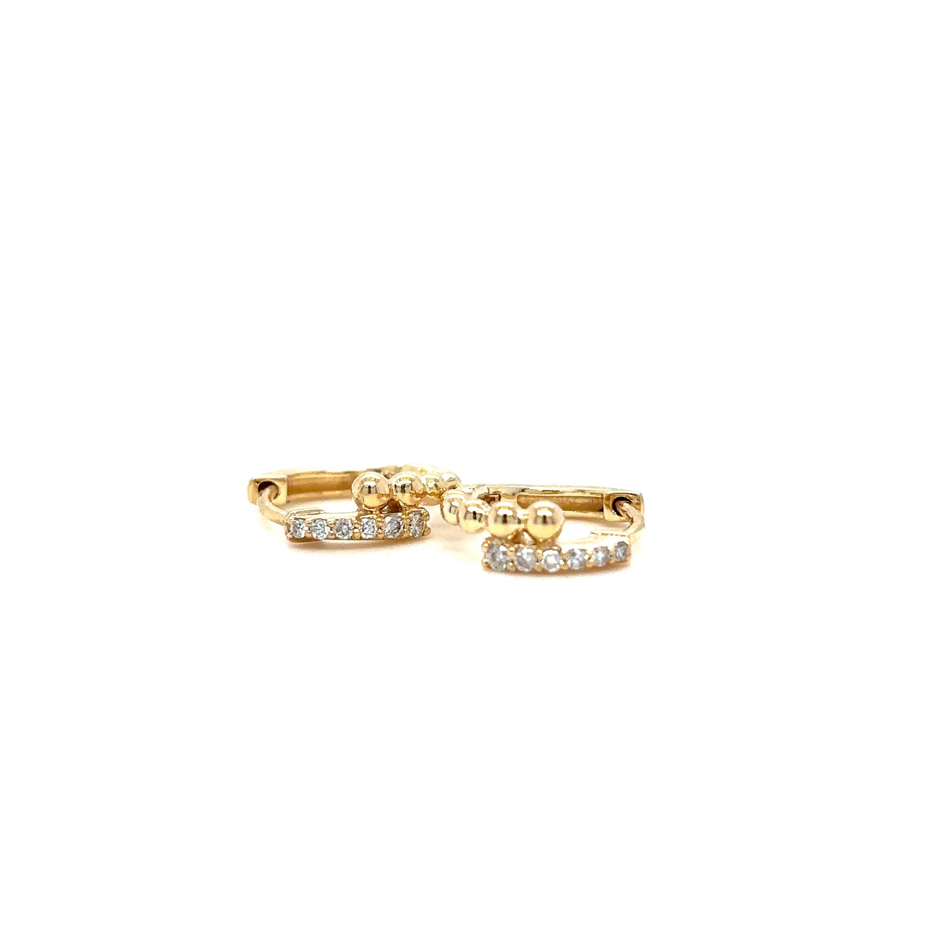 Diamond Beaded Huggie Kids Earrings in 14K Solid Gold (Certified) In New Condition For Sale In New Delhi, DL