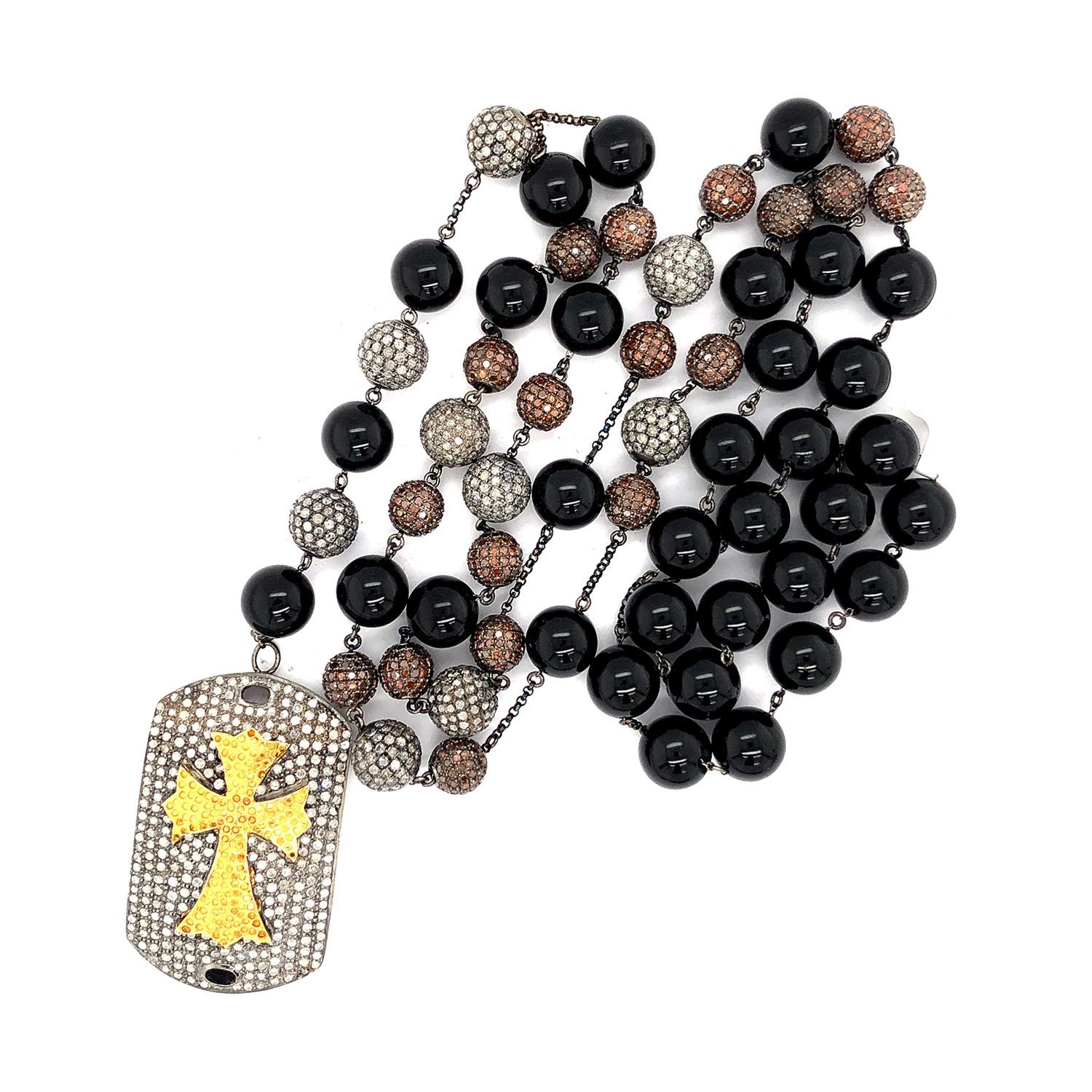 Diamant-Perlen-Onyx-Halskette mit Kreuz-Design-Anhänger aus Gold und Silber (Gemischter Schliff) im Angebot
