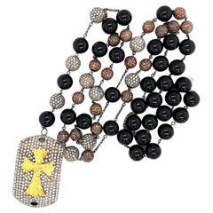 Vintage Diamond Beads Onyx Necklace with Cross Design Pendant Made in Gold & Silver