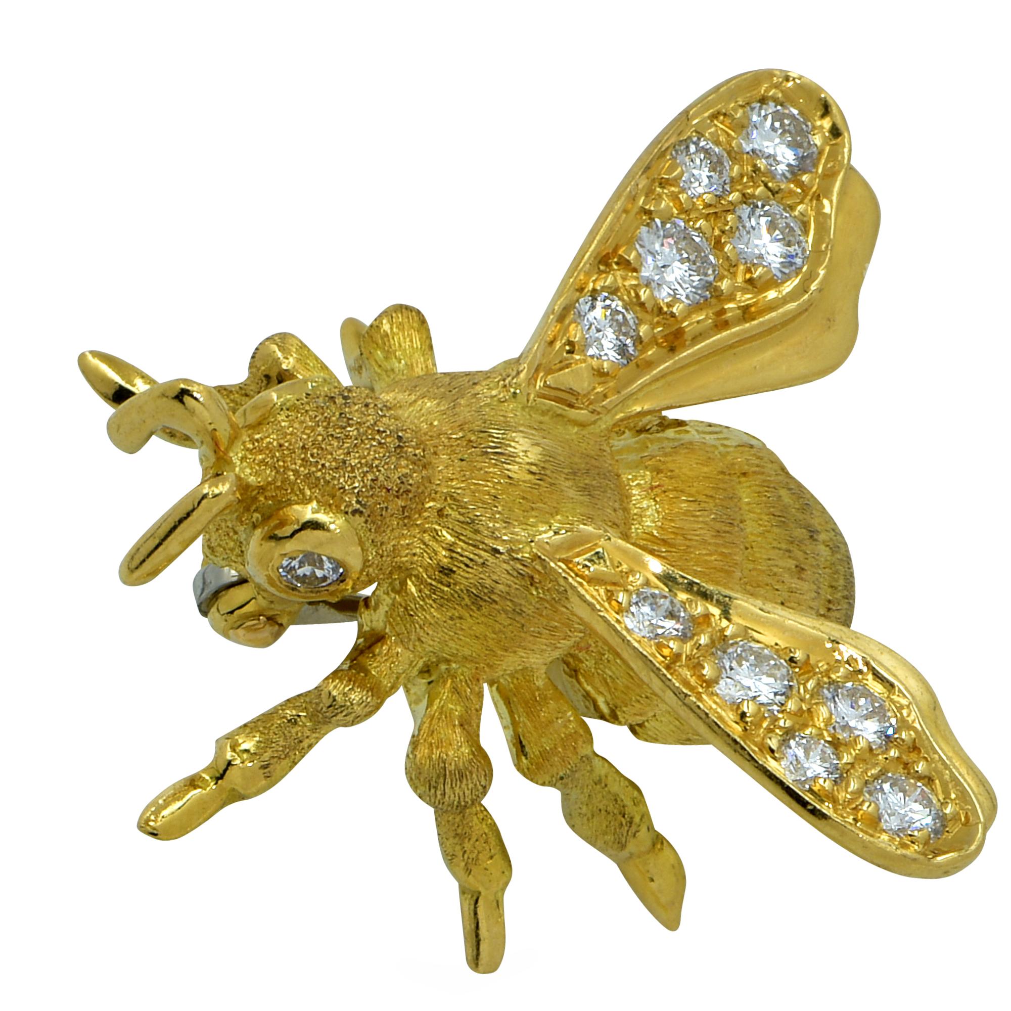 Modern Diamond Bee 18 Karat Yellow Gold Brooch Pin