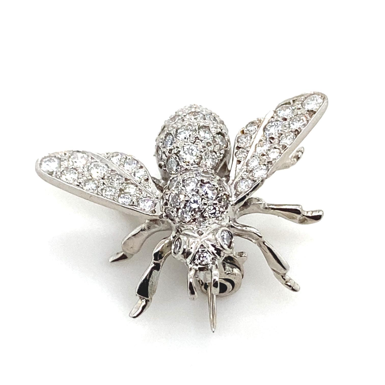 Women's or Men's Diamond Bee Brooch Pin Set in 18 Karat White Gold For Sale