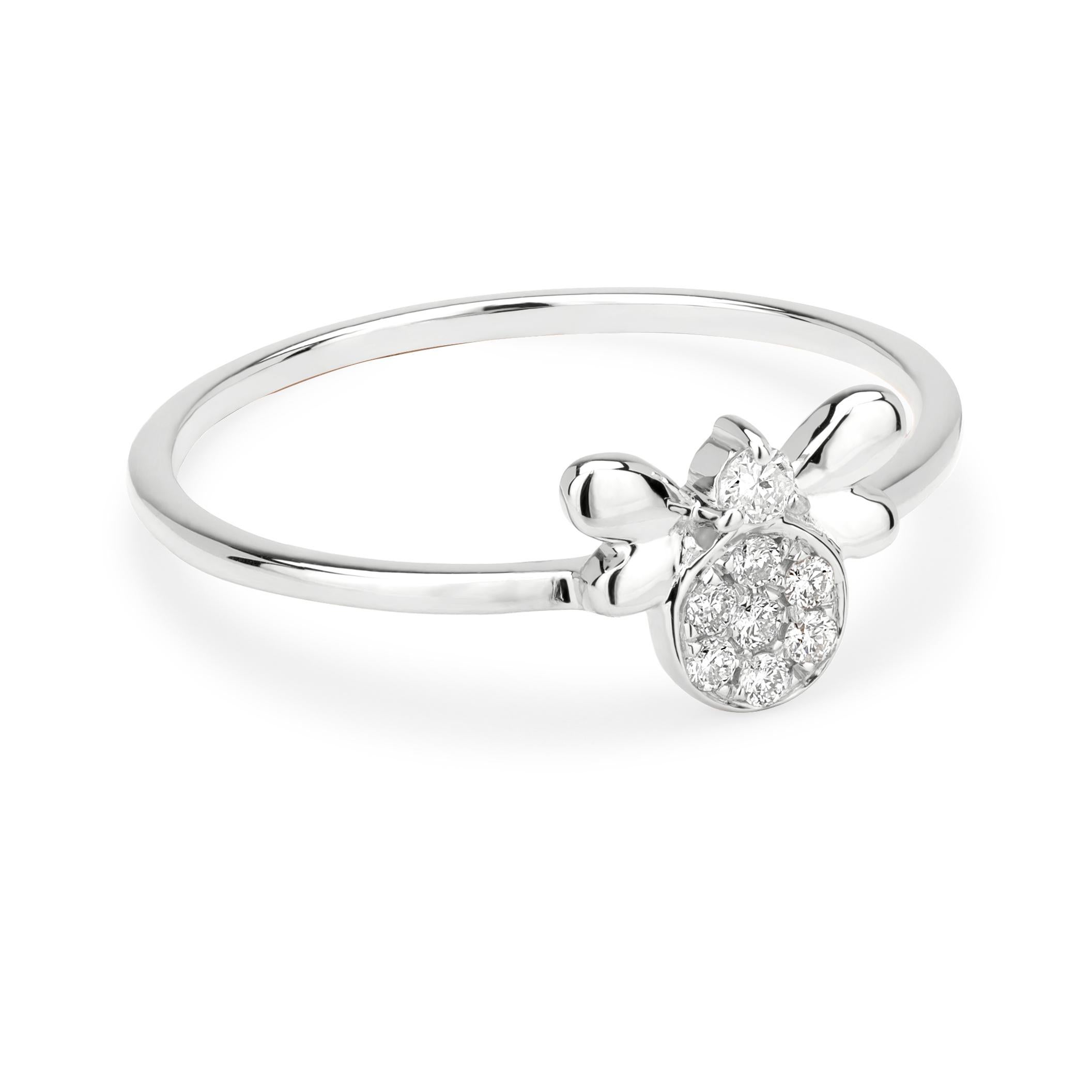 Grace your finger with a Luxle bee ring it symbolizes a strong network of unconditional love and support. Subtle yet pretty this bee ring is the new fashion statement. It is featured with 16 round diamonds, totaling 0.1Cts, pave set in a square