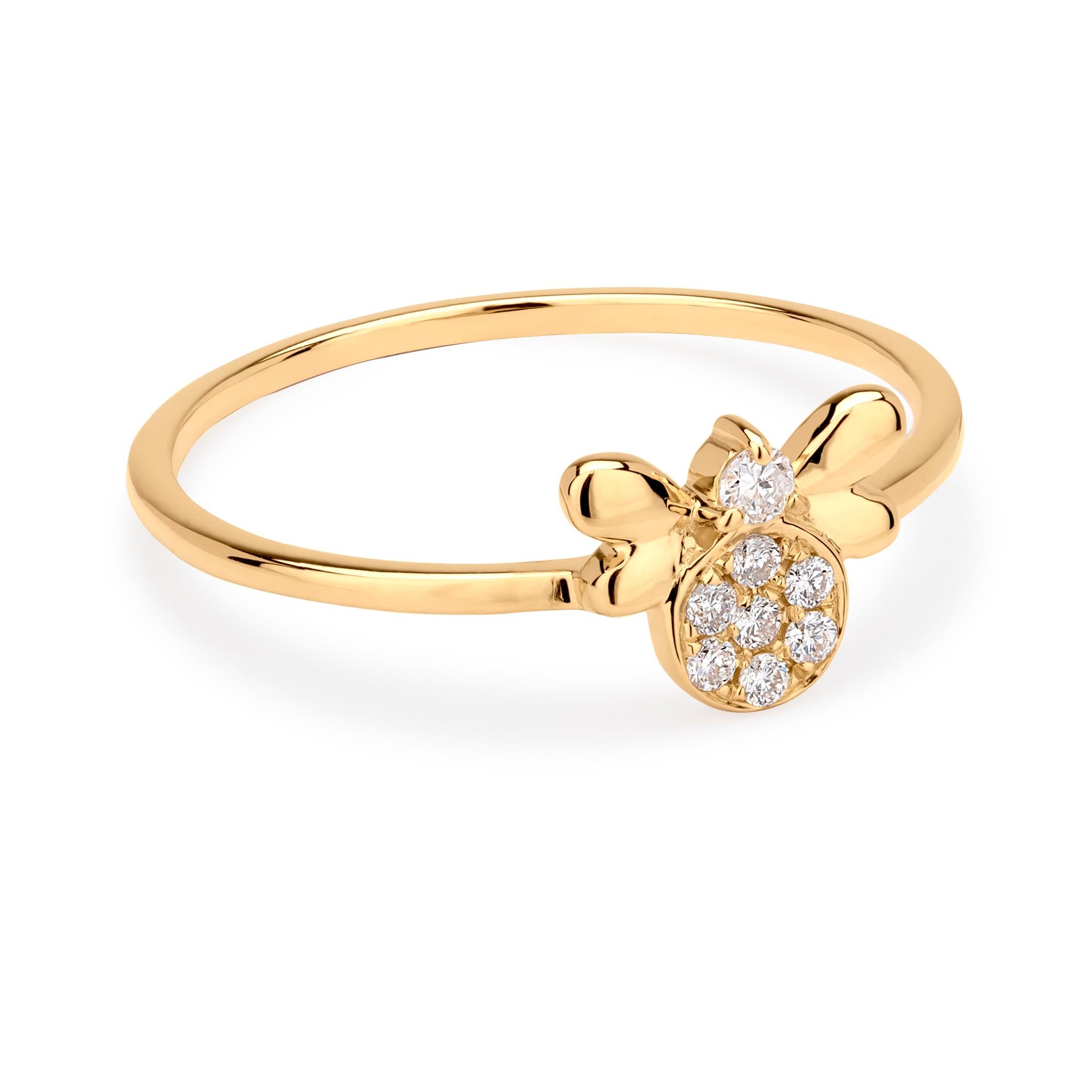 Grace your finger with a Luxle bee ring it symbolizes a strong network of unconditional love and support. Subtle yet pretty this bee ring is the new fashion statement. It is featured with 8 round diamonds, totaling 0.09Cts, pave set in a square