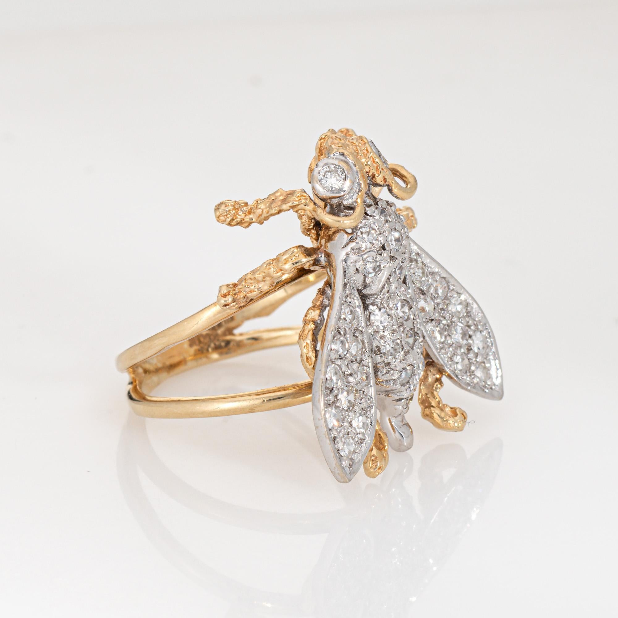 Modern Diamond Bee Ring Sz 6 Large Vintage 14k Yellow Gold Fine Insect Jewelry For Sale