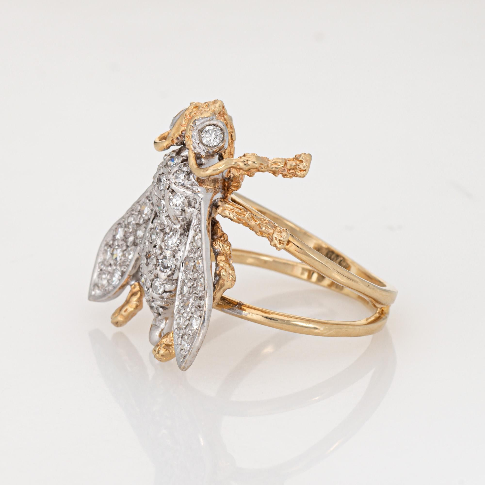 Round Cut Diamond Bee Ring Sz 6 Large Vintage 14k Yellow Gold Fine Insect Jewelry For Sale