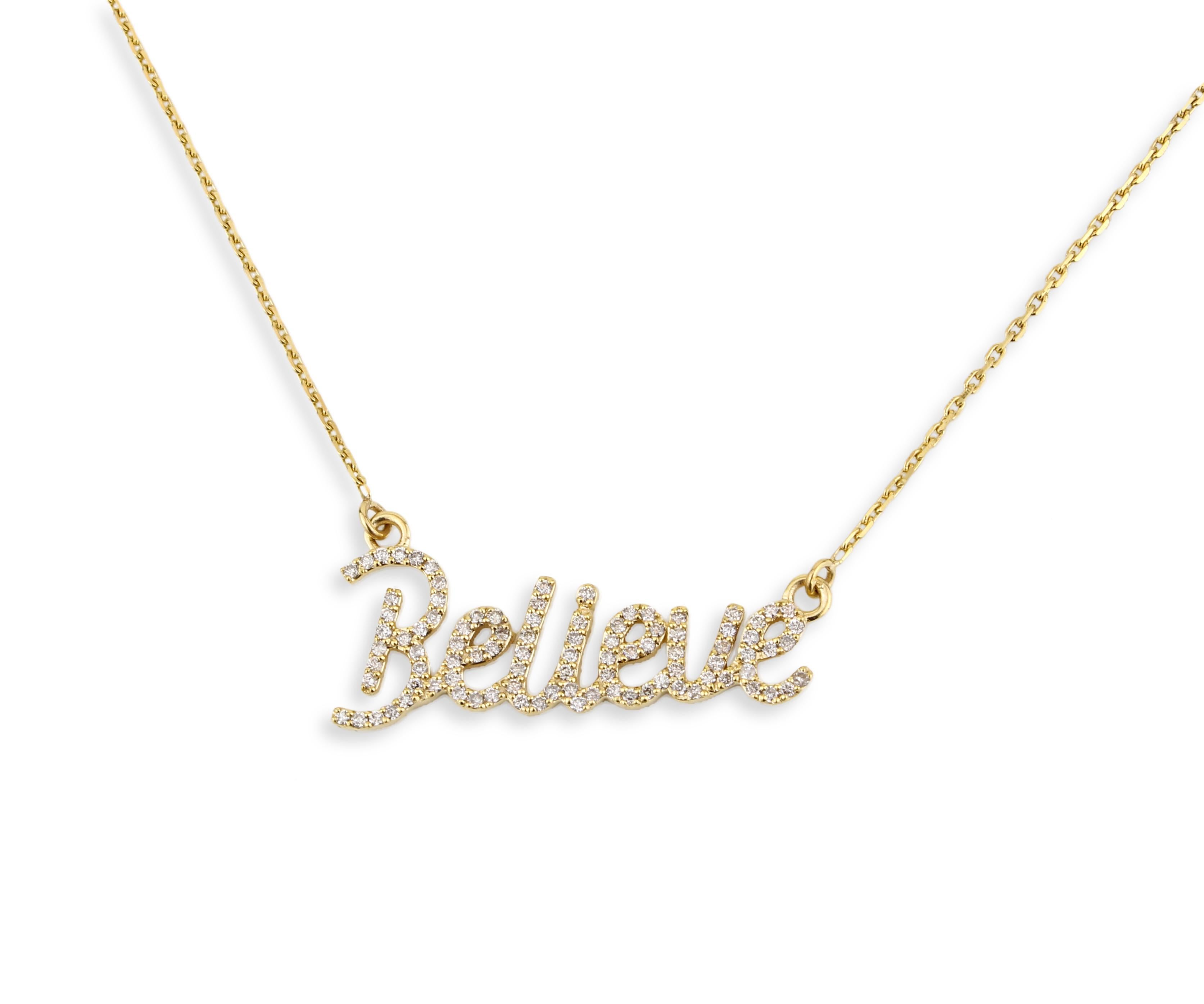 The Diamond Manifest Pendant Necklace is a sophisticated gold pendant necklace with the word 