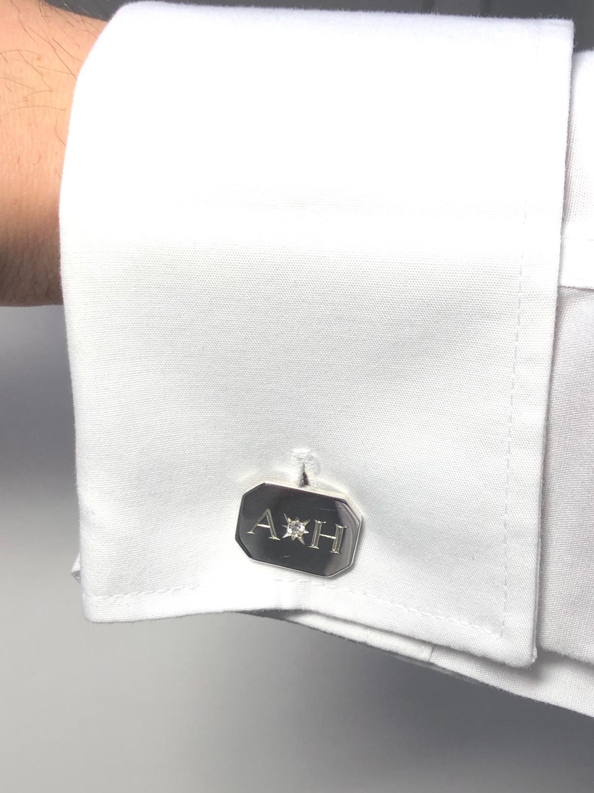 Diamond Bespoke Sterling Silver Rectangular Engraved Modern Classic Cufflinks For Sale 10