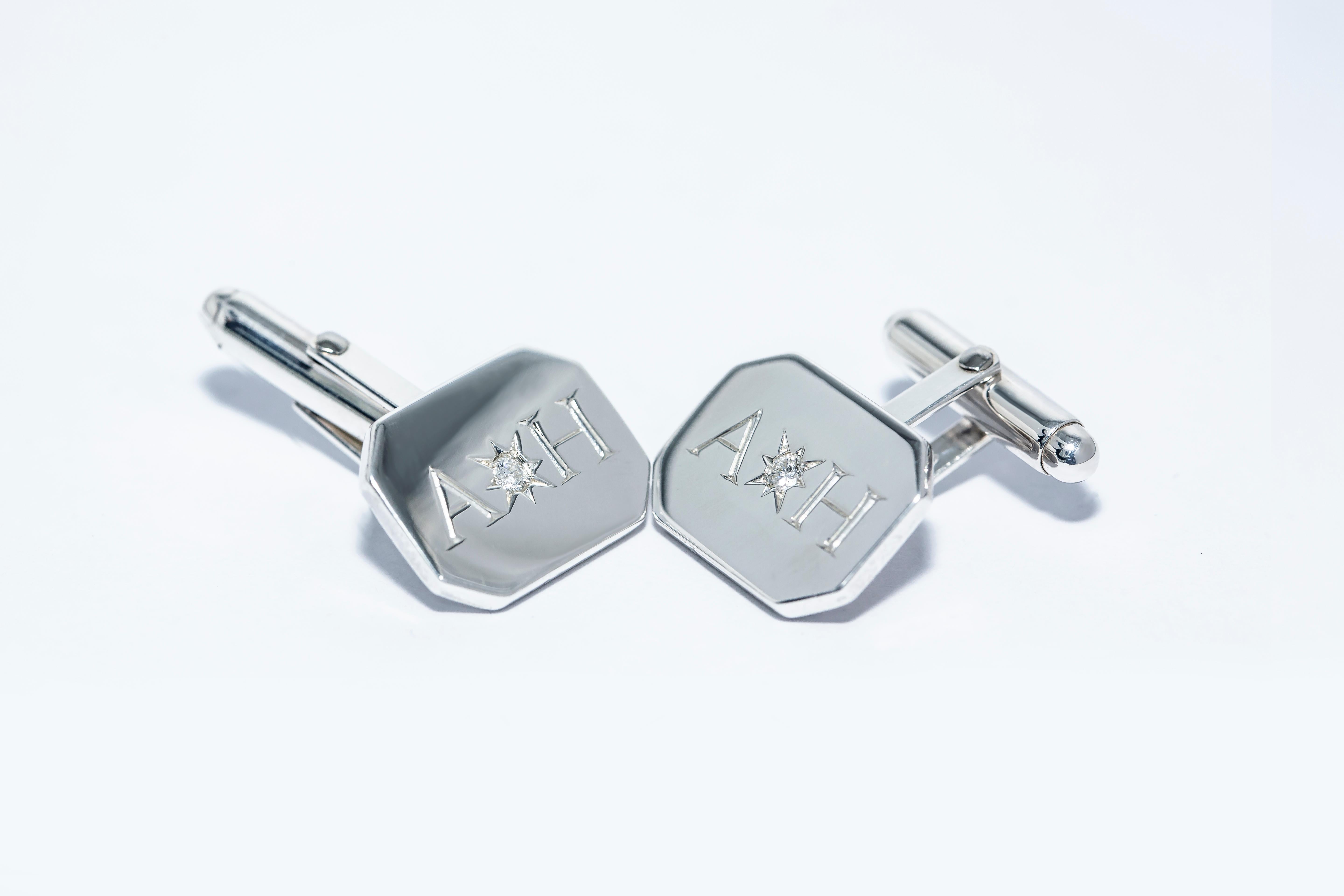 Diamond Bespoke Sterling Silver Rectangular Engraved Modern Classic Cufflinks In New Condition For Sale In London, GB