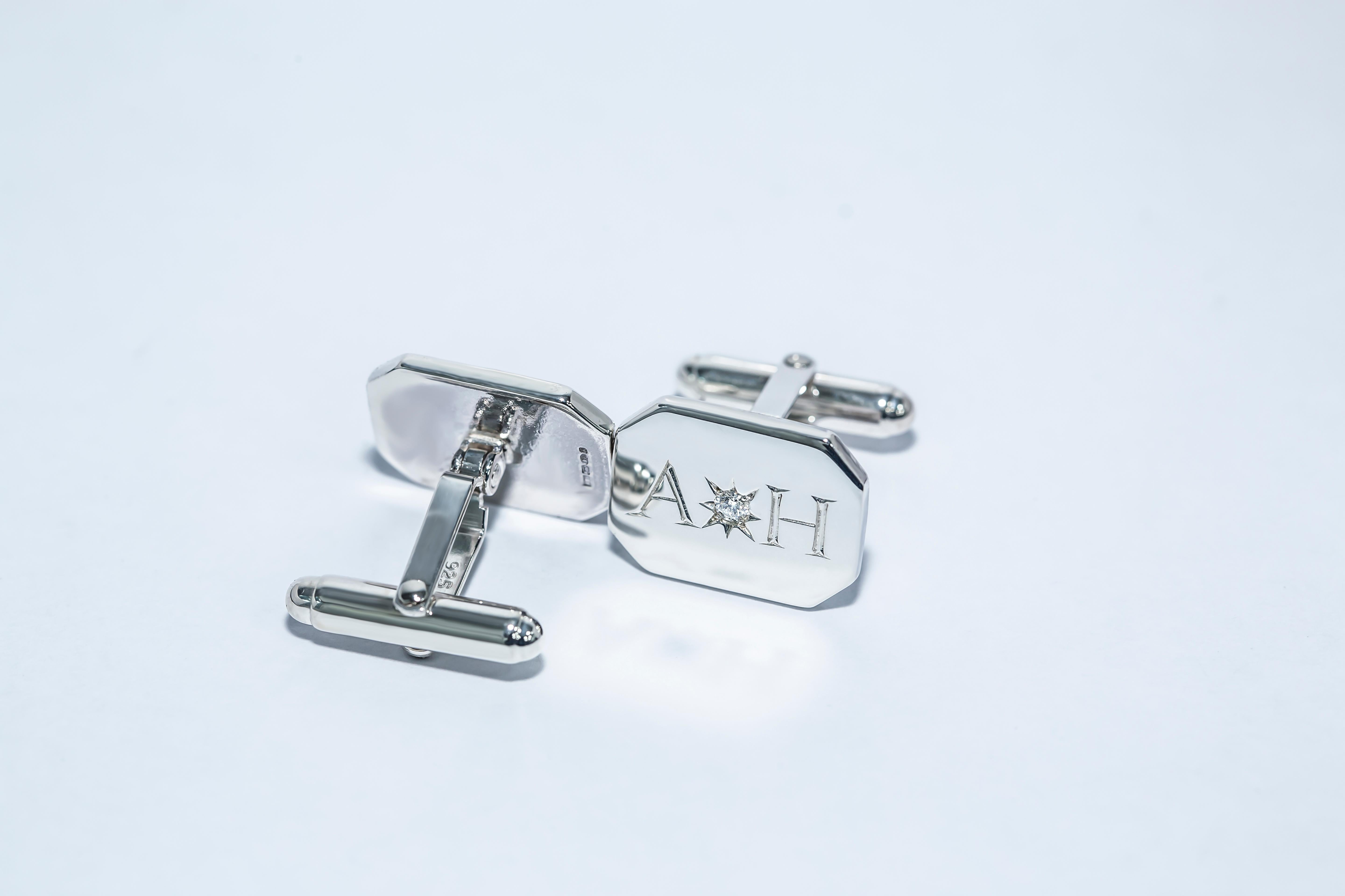 Diamond Bespoke Sterling Silver Rectangular Engraved Modern Classic Cufflinks For Sale 3