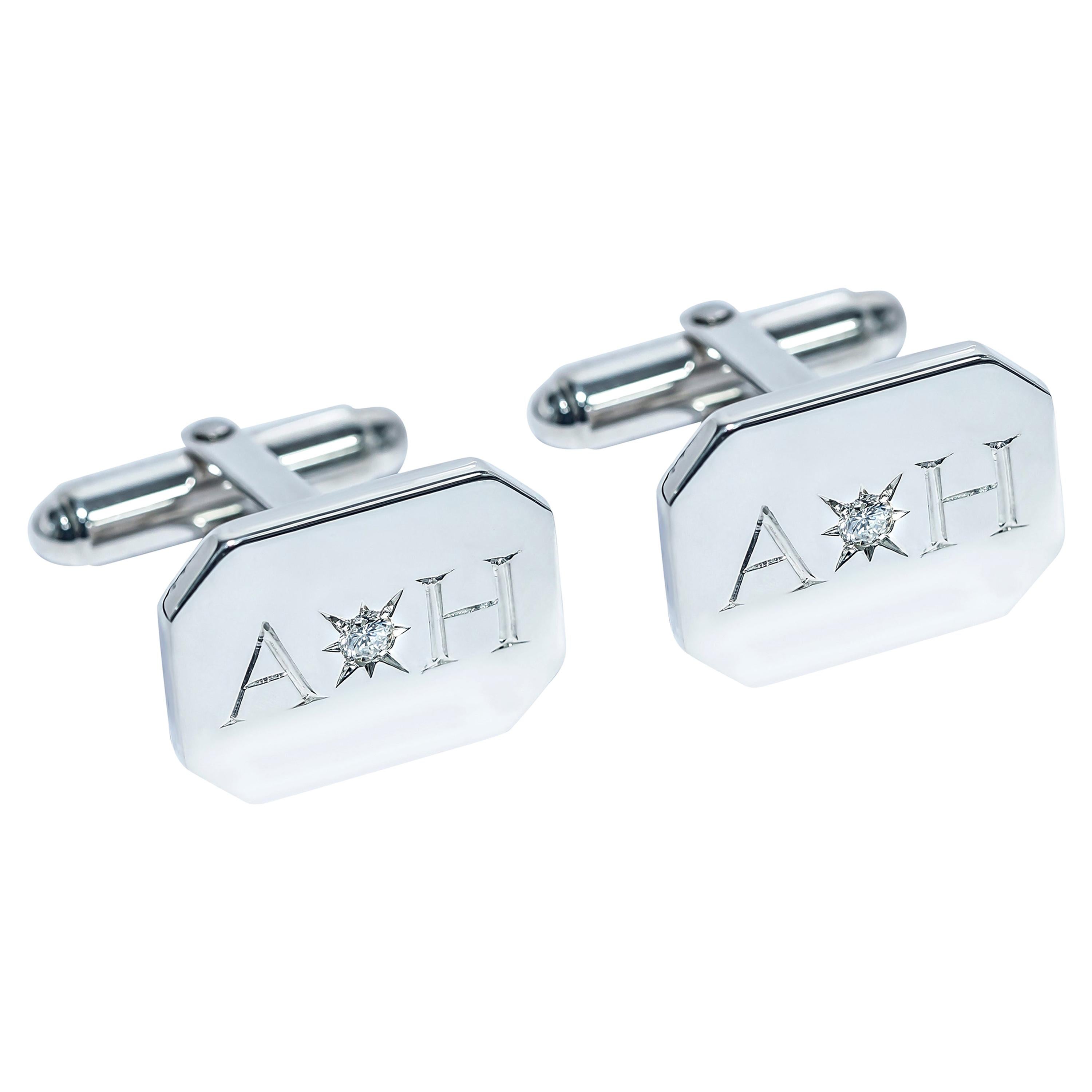 Diamond Bespoke Sterling Silver Rectangular Engraved Modern Classic Cufflinks For Sale