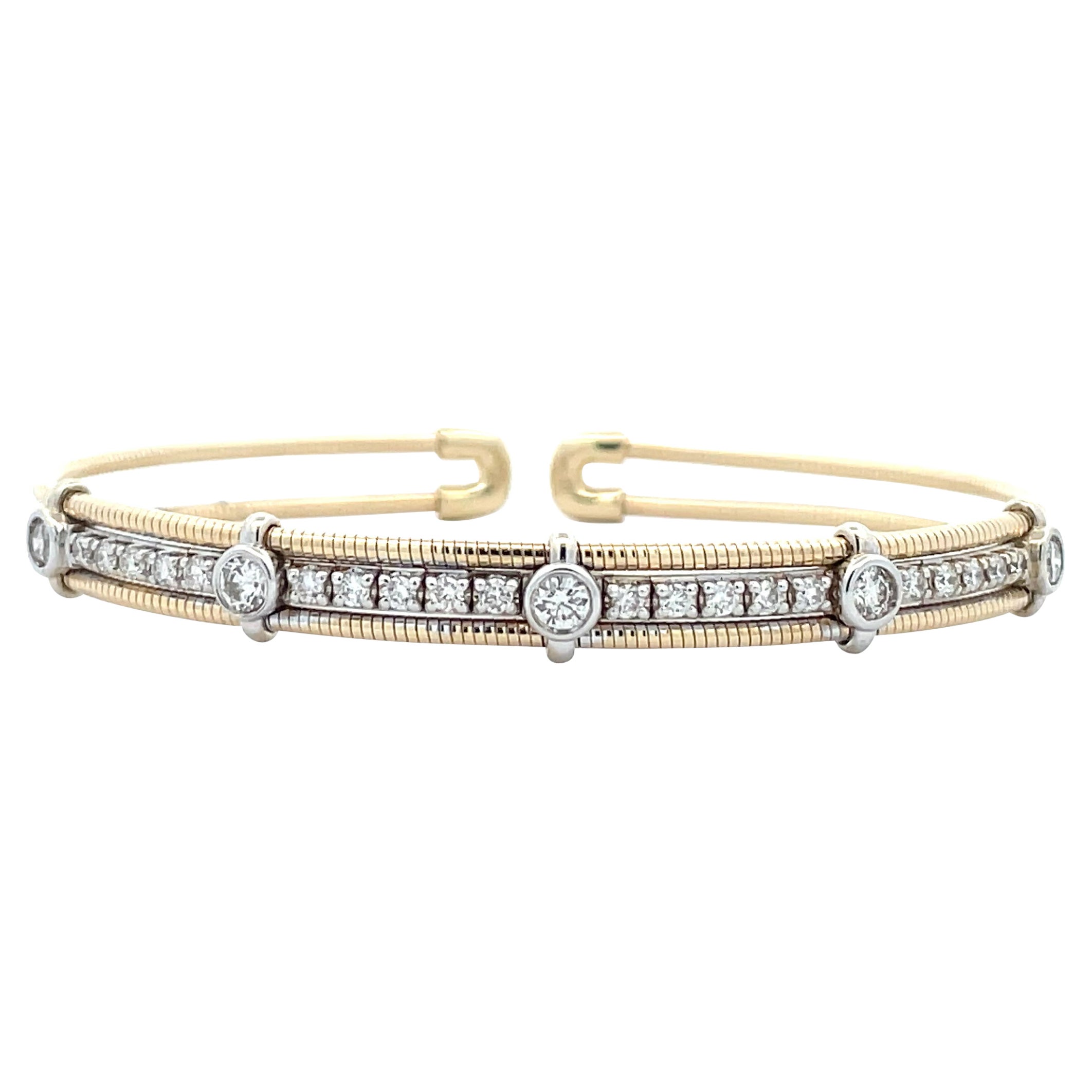 Diamond Bezel Cluster Flexible Bangle in 14k Solid Gold For Sale