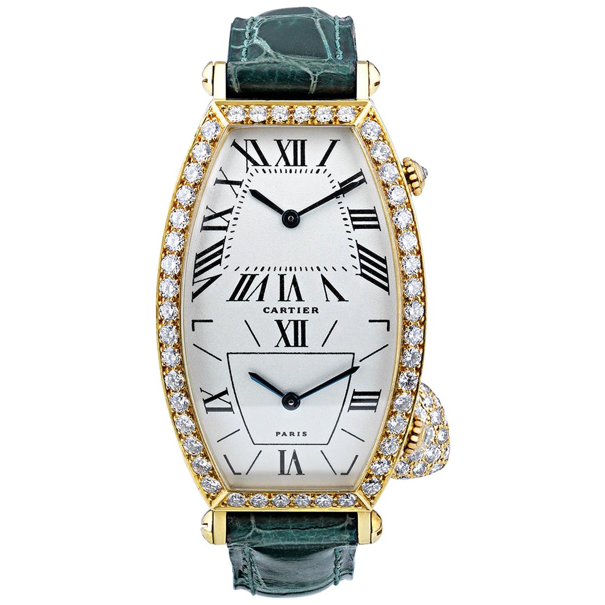 Diamond Bezel Dual Time Tonneau Wristwatch by Cartier