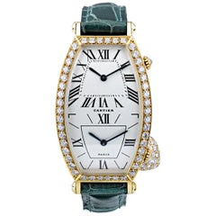 Diamond Bezel Dual Time Tonneau Wristwatch by Cartier