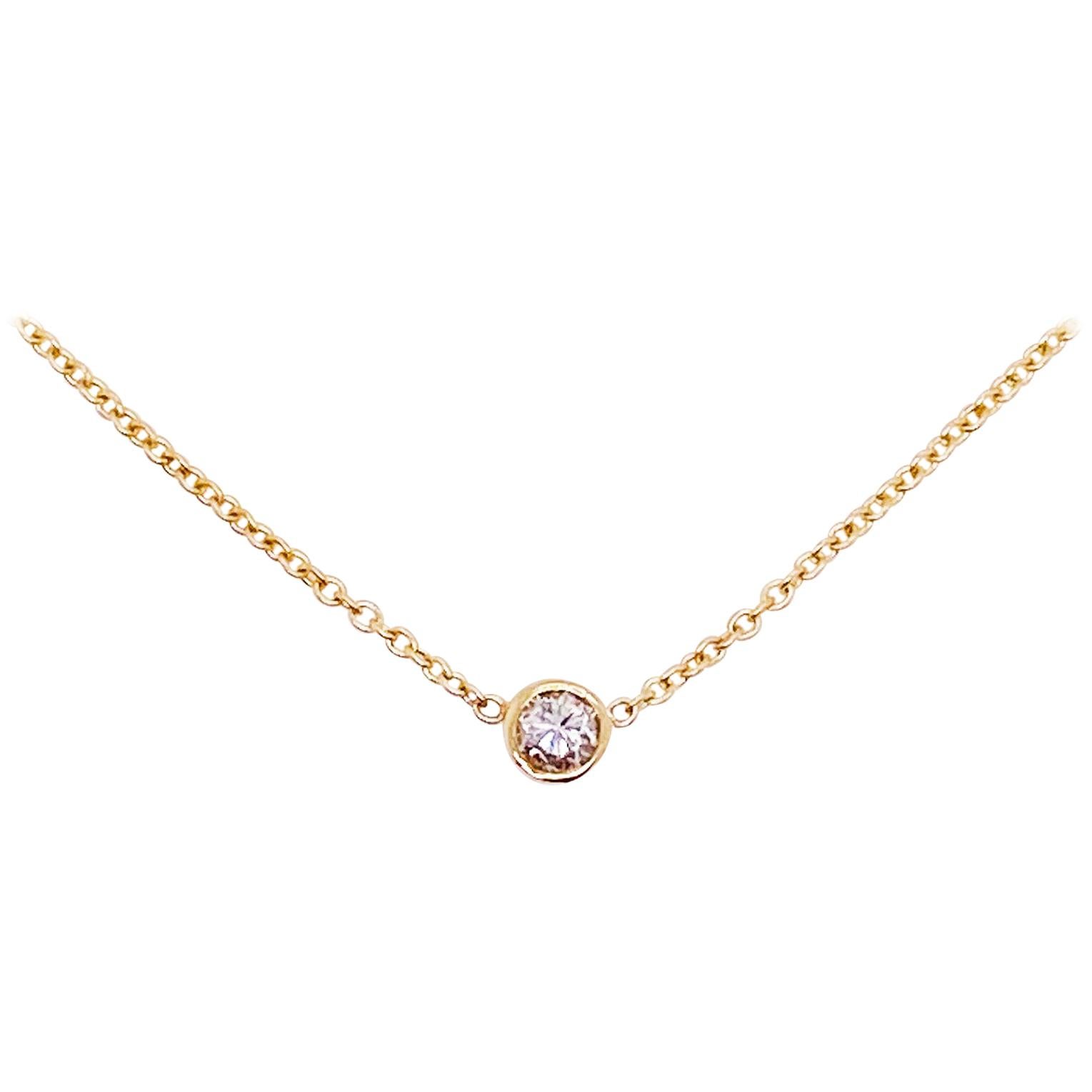 Diamond Bezel Necklace with 0.12 Carat Diamond 14 Karat Yellow Gold Cable Chain For Sale