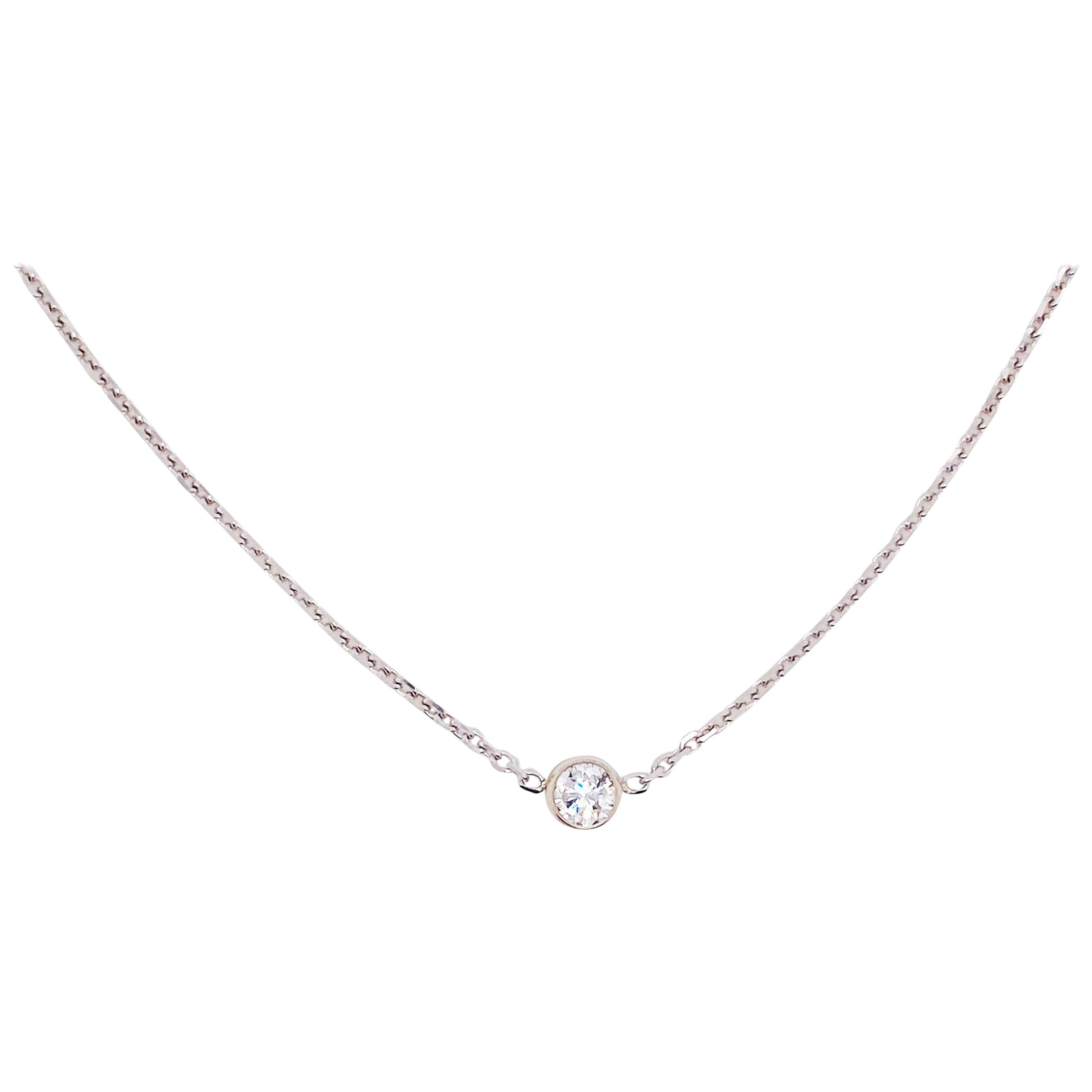 Diamond Bezel Necklace with 0.30 Carat Round Brilliant White Diamond Chain For Sale