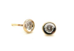 Diamond Bezel Set Stud Earrings Pushback Mined .25ct RBC 14K Two Tone Gold
