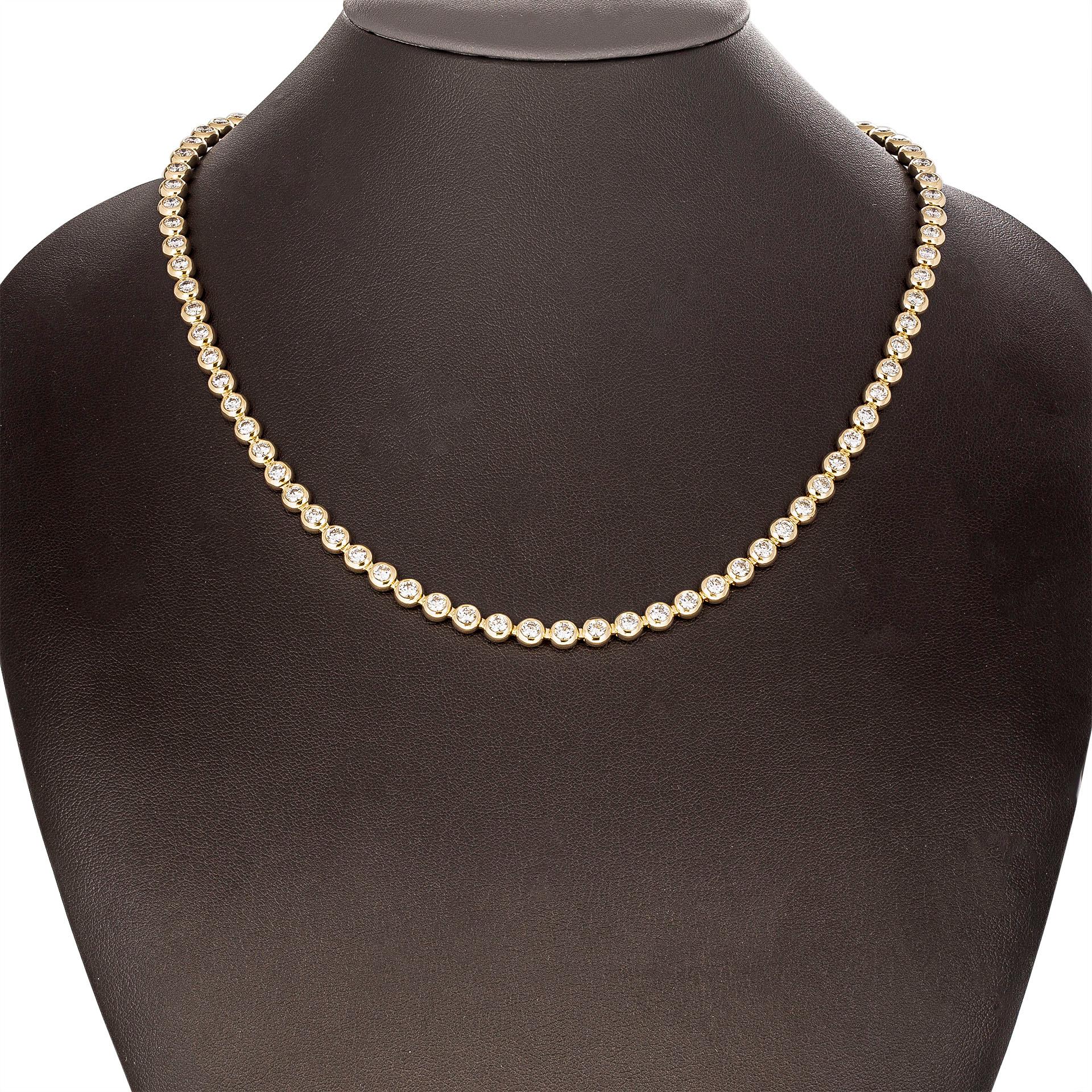 Round Cut  Diamond Bezel Set Tennis Necklace in 14k Yellow Gold For Sale